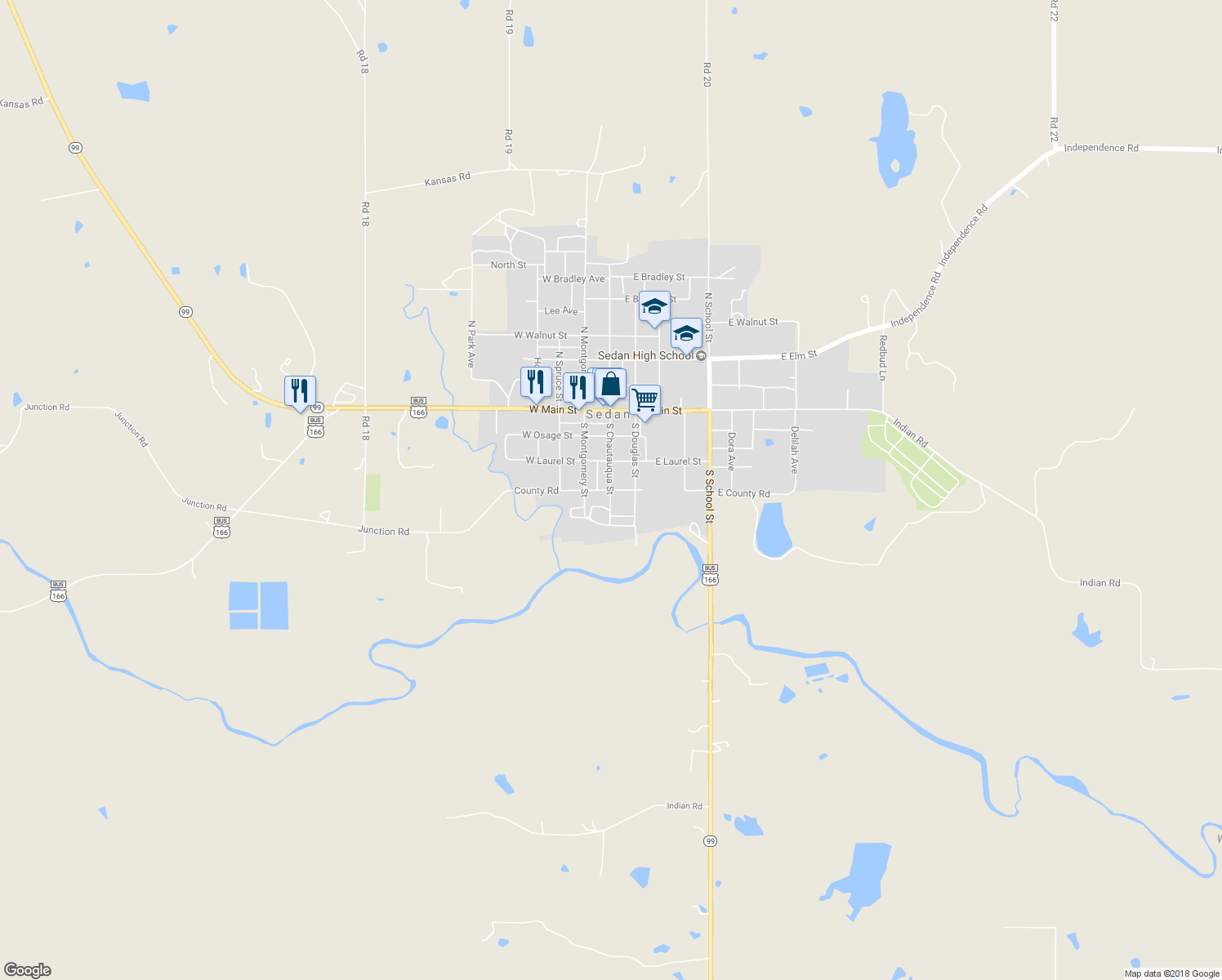 map of restaurants, bars, coffee shops, grocery stores, and more near 101 East County Road in Sedan