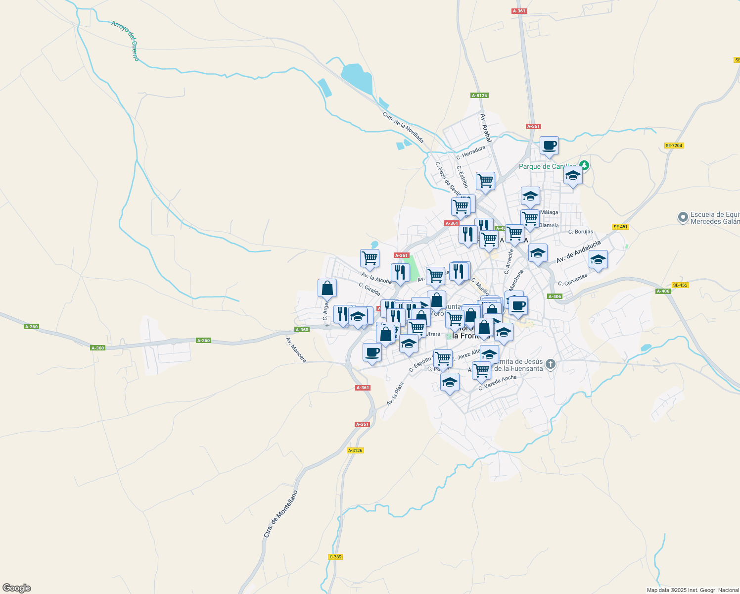 map of restaurants, bars, coffee shops, grocery stores, and more near 5 Calle Mezquita in Morón de la Frontera