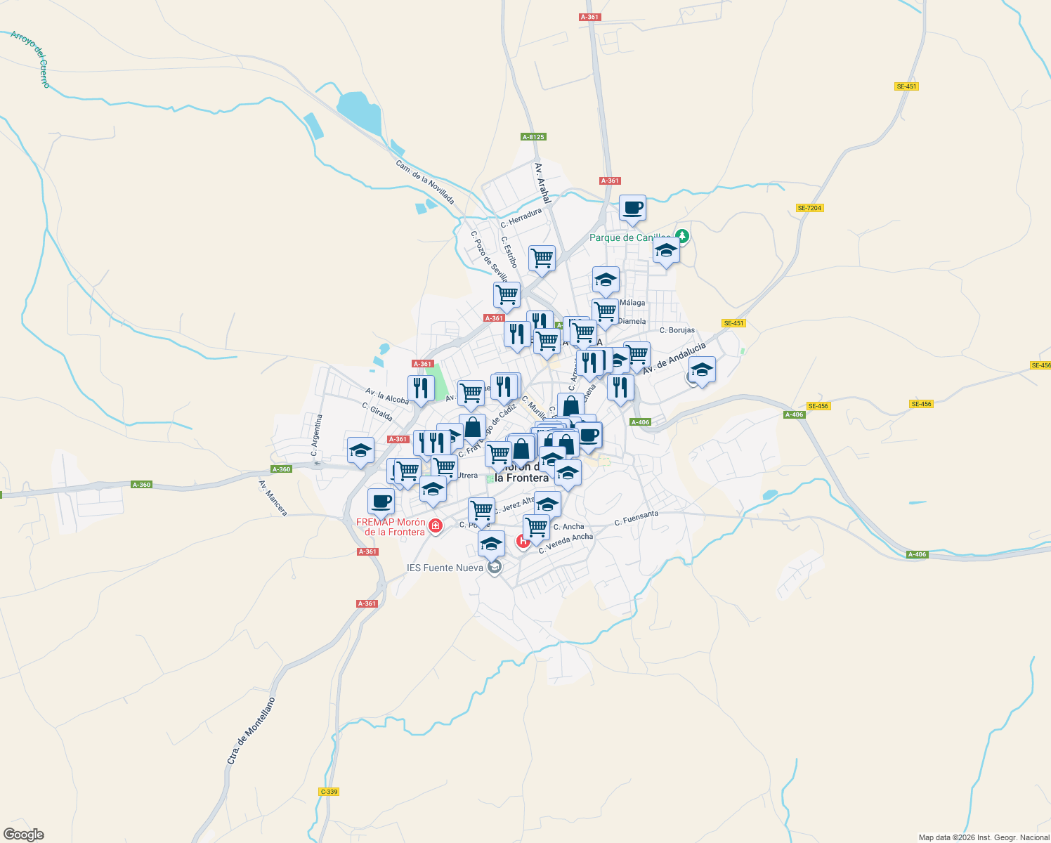 map of restaurants, bars, coffee shops, grocery stores, and more near 1E Calle Río Eresma in Morón de la Frontera