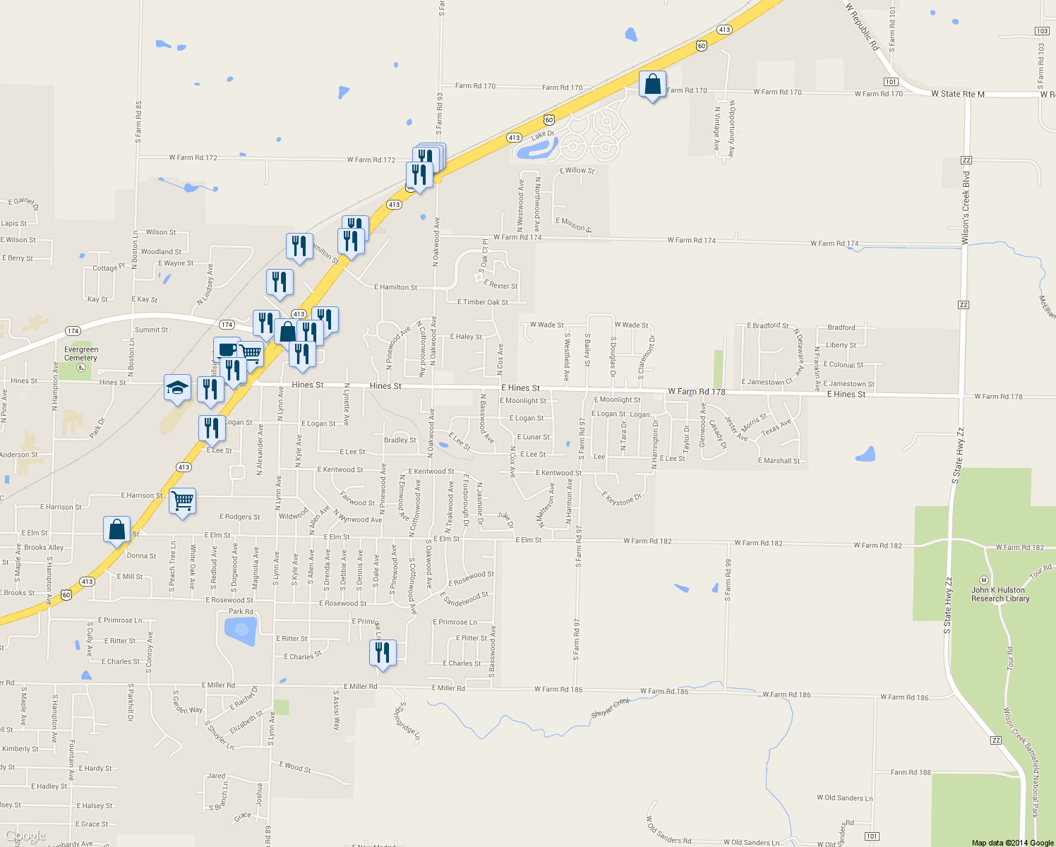 map of restaurants, bars, coffee shops, grocery stores, and more near 2304 East Logan Street in Republic