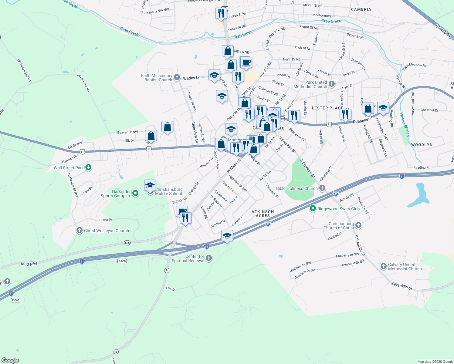 map of restaurants, bars, coffee shops, grocery stores, and more near 50 Cherry Ln in Christiansburg
