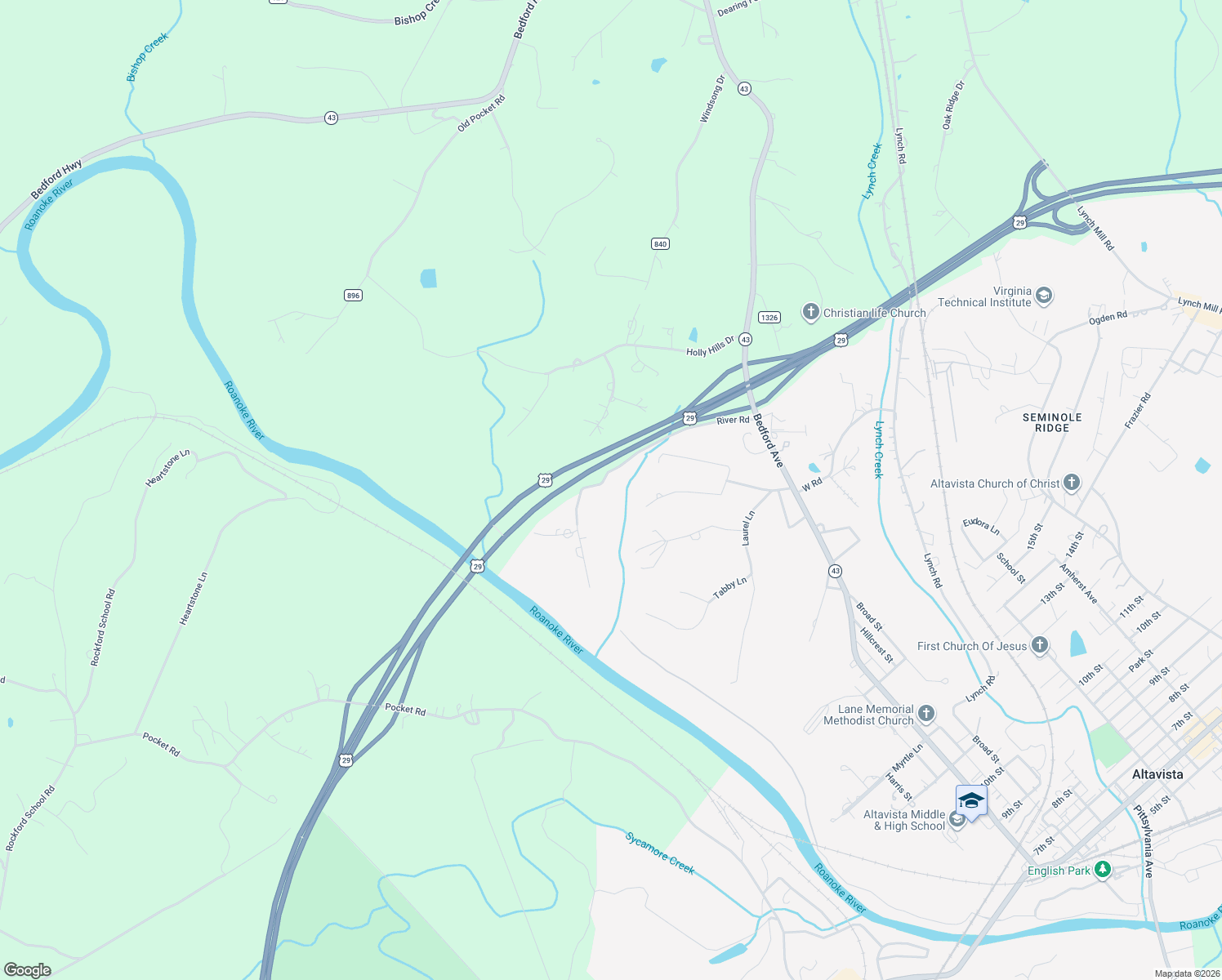 map of restaurants, bars, coffee shops, grocery stores, and more near 103 River Road in Altavista