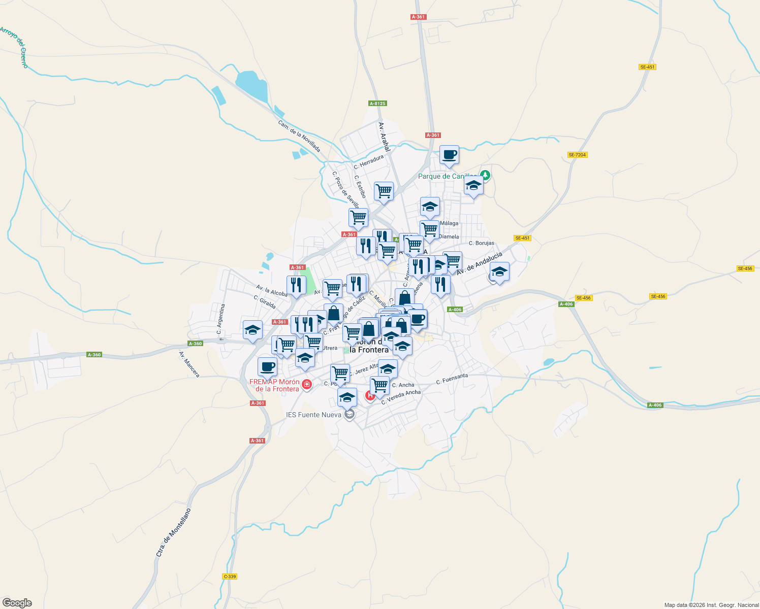 map of restaurants, bars, coffee shops, grocery stores, and more near 1E Calle Río Eresma in Morón de la Frontera