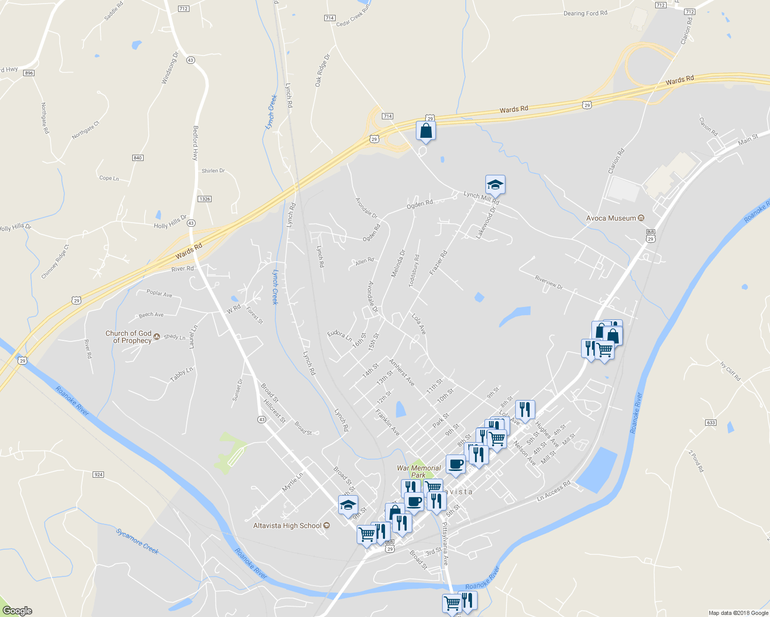 map of restaurants, bars, coffee shops, grocery stores, and more near 1599 Melinda Drive in Altavista
