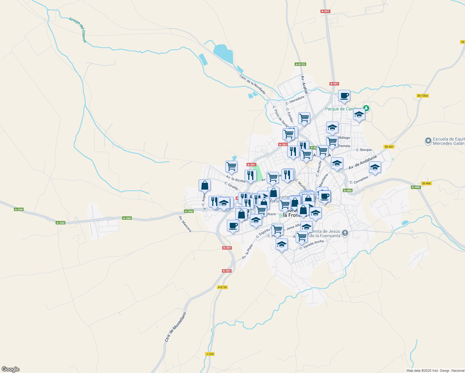 map of restaurants, bars, coffee shops, grocery stores, and more near 5 Calle Mezquita in Morón de la Frontera