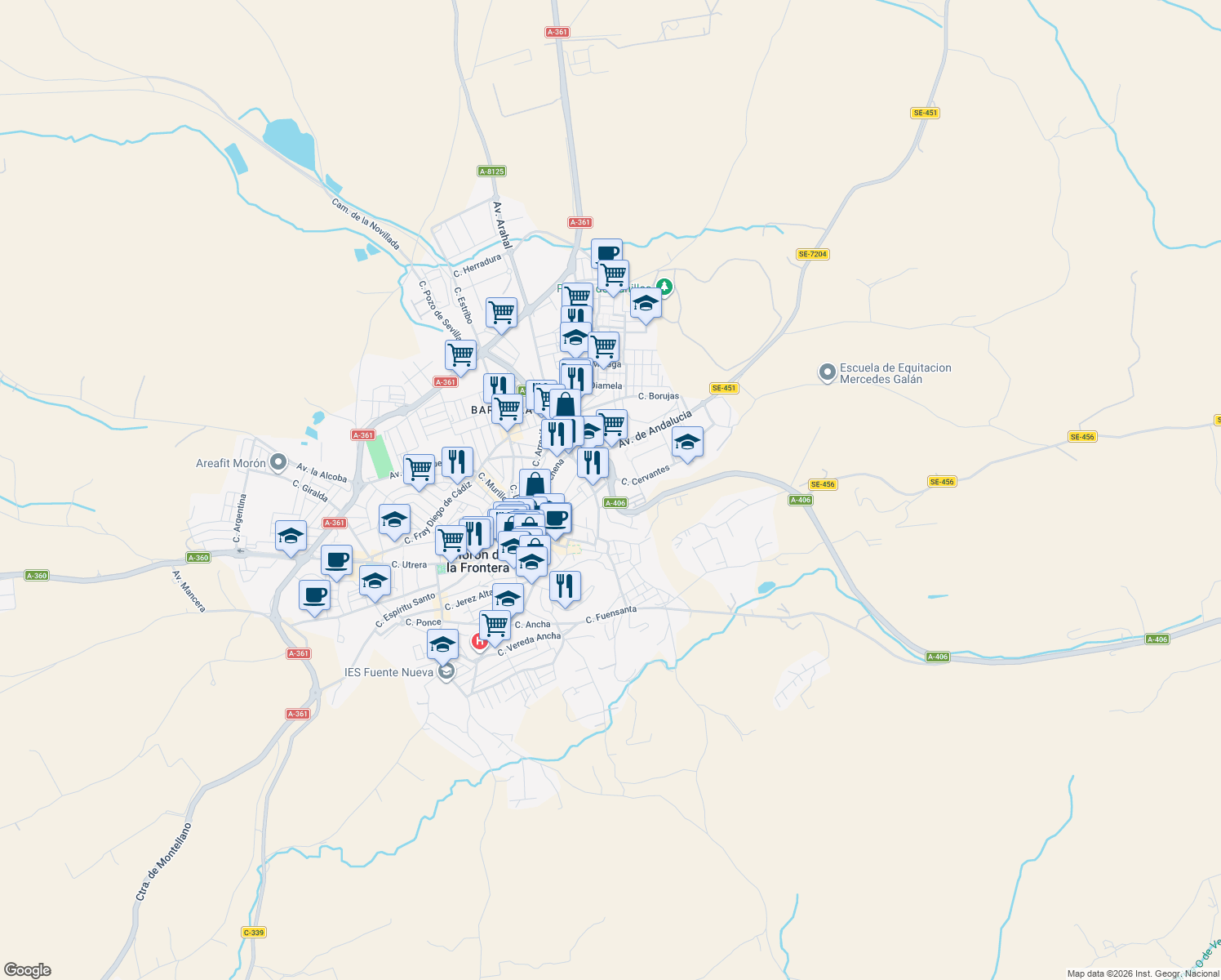 map of restaurants, bars, coffee shops, grocery stores, and more near 2 Calle Romero Ressendi in Morón de la Frontera