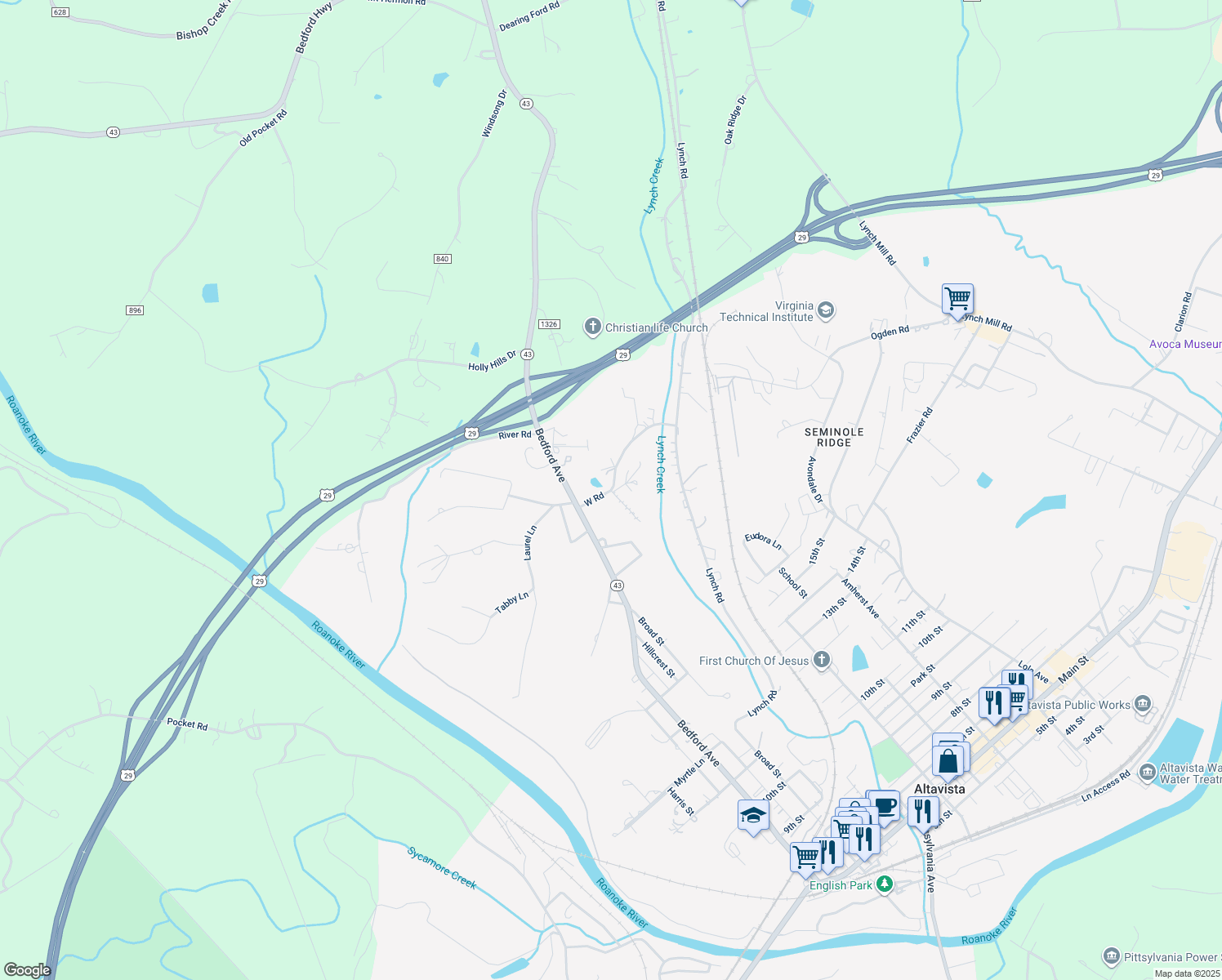 map of restaurants, bars, coffee shops, grocery stores, and more near 200 West Road in Altavista