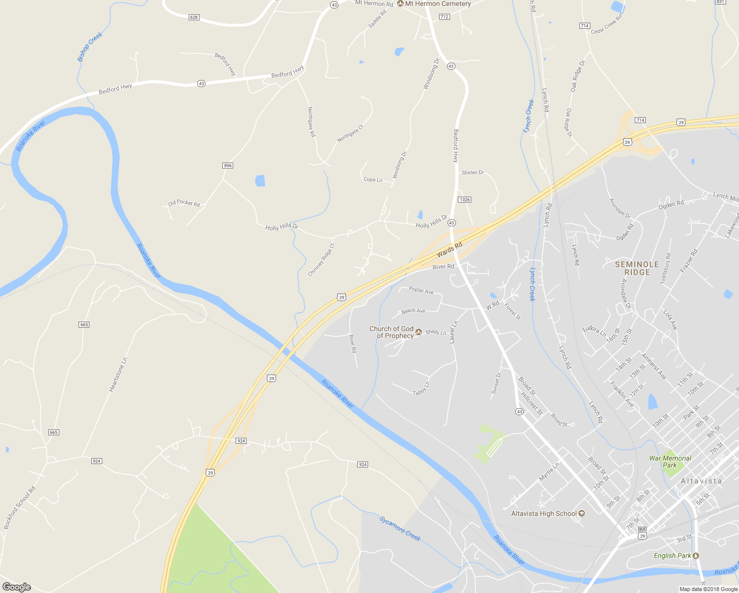 map of restaurants, bars, coffee shops, grocery stores, and more near 103 River Road in Altavista