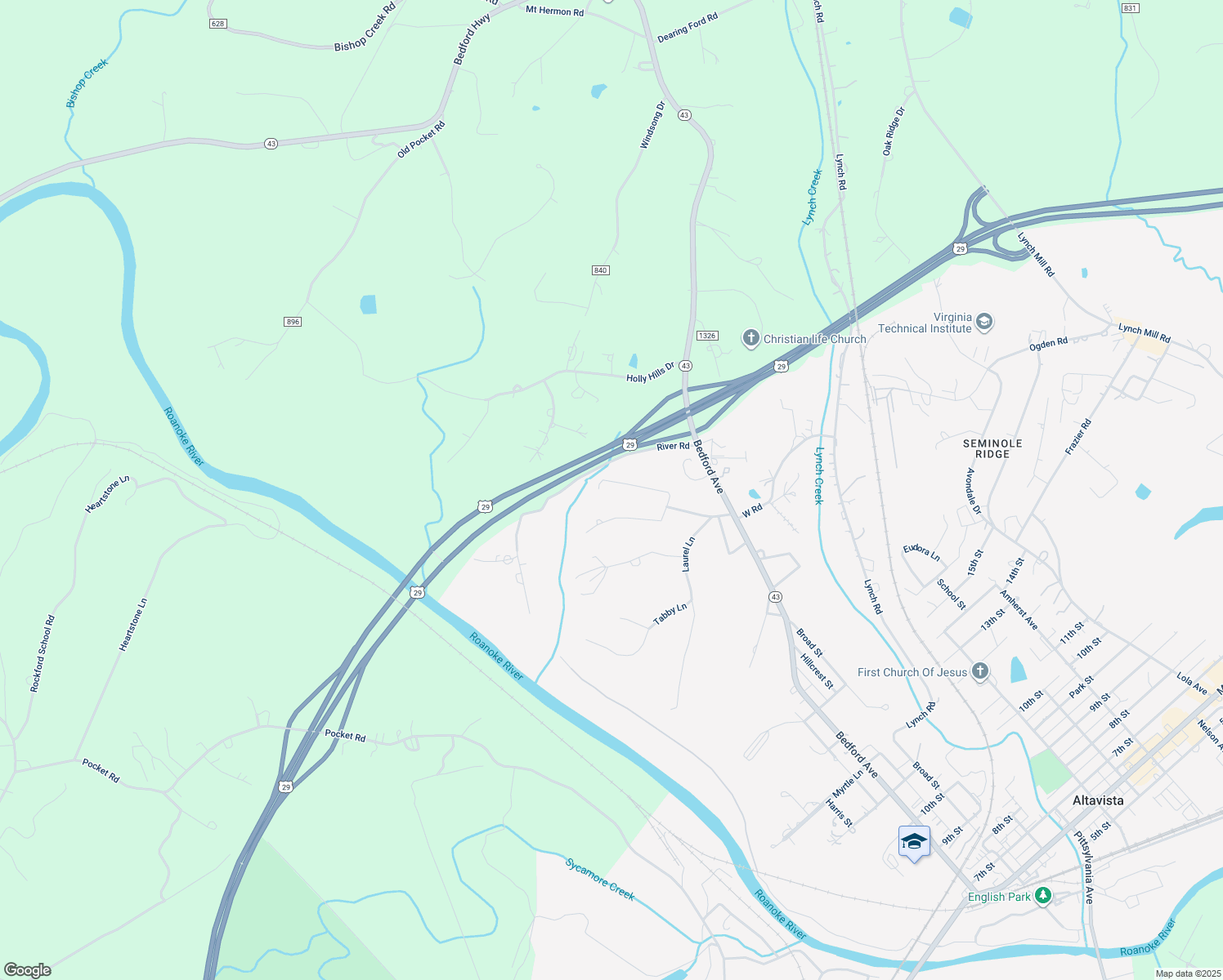 map of restaurants, bars, coffee shops, grocery stores, and more near 2203 Poplar Avenue in Altavista