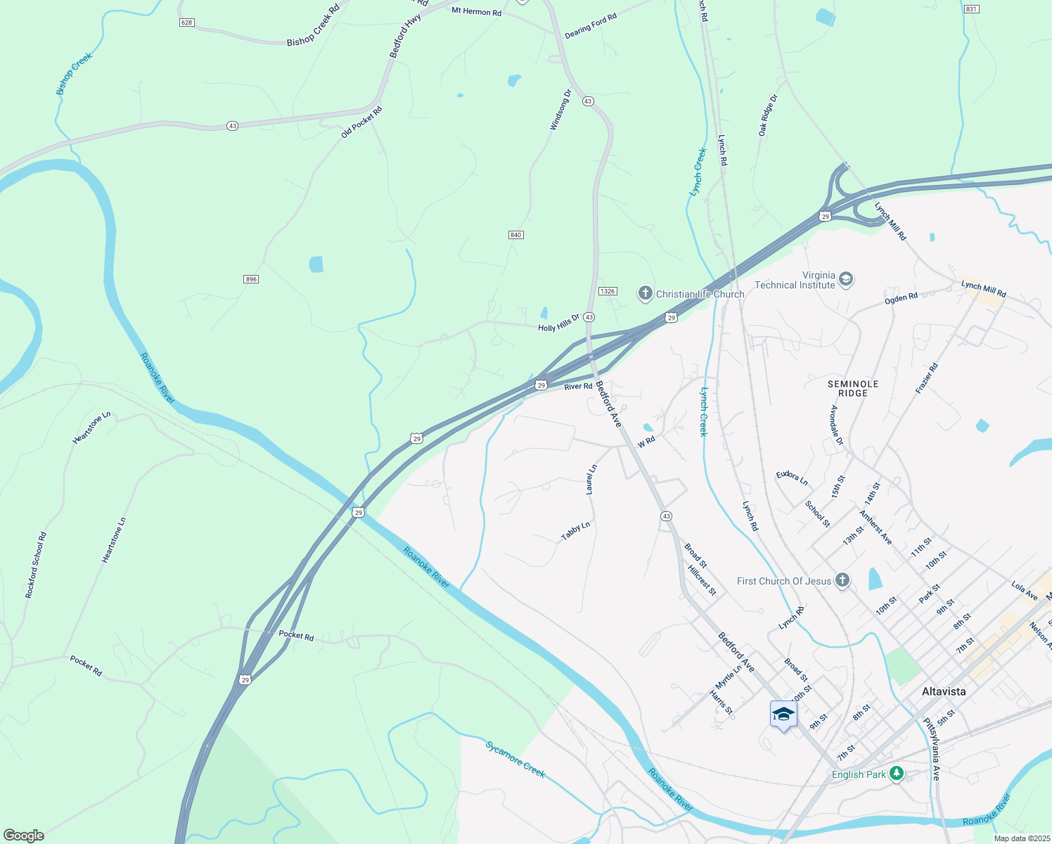 map of restaurants, bars, coffee shops, grocery stores, and more near 2203 Poplar Avenue in Altavista