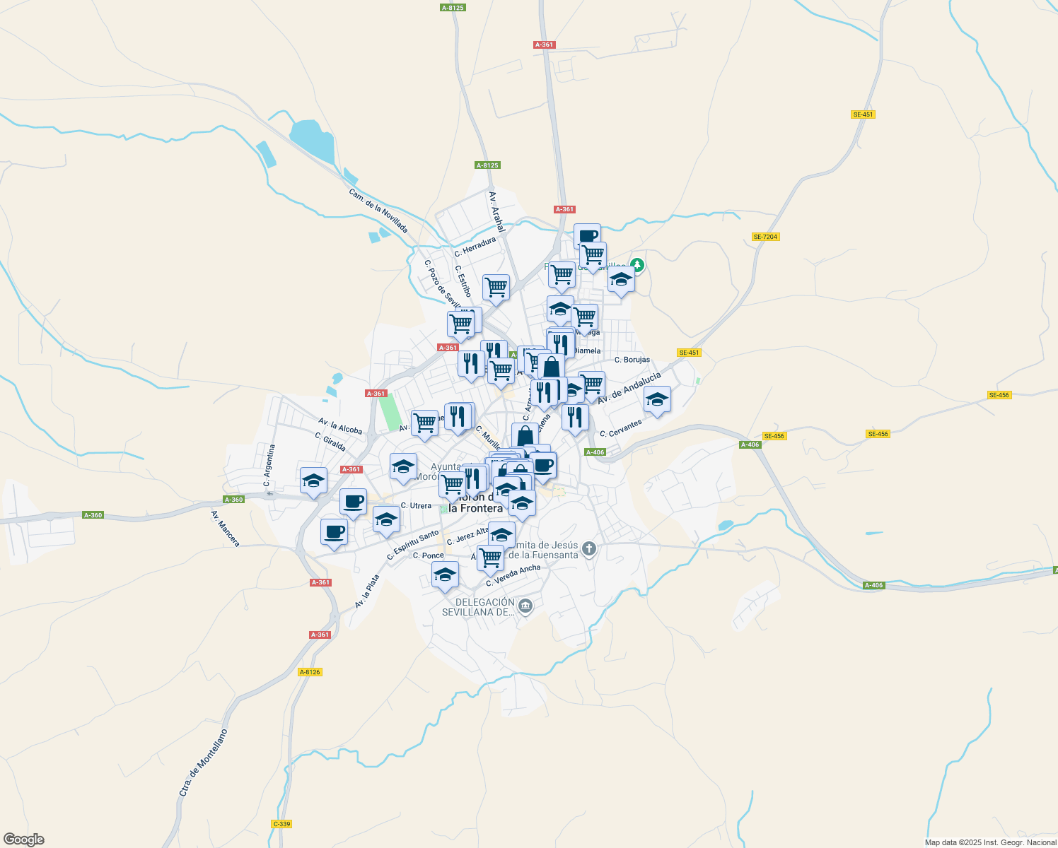 map of restaurants, bars, coffee shops, grocery stores, and more near 18 Calle Alegría in Morón de la Frontera