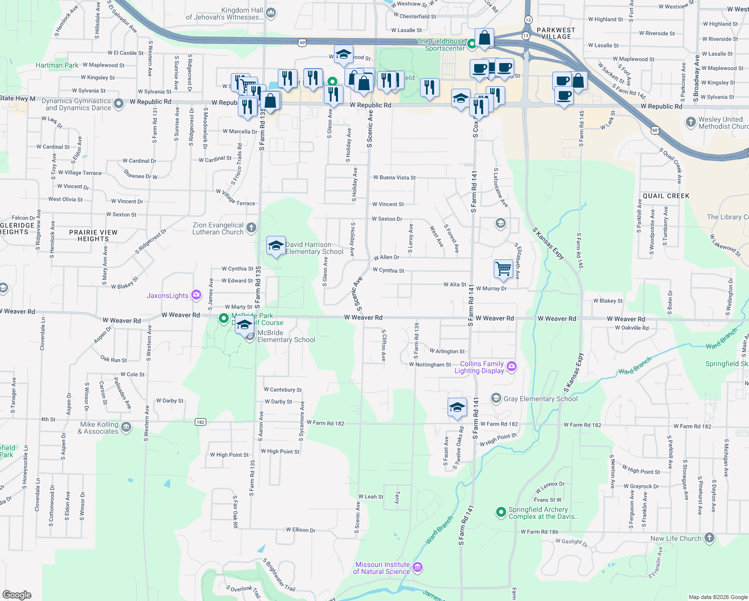 map of restaurants, bars, coffee shops, grocery stores, and more near 2664 W Blakey St in Springfield