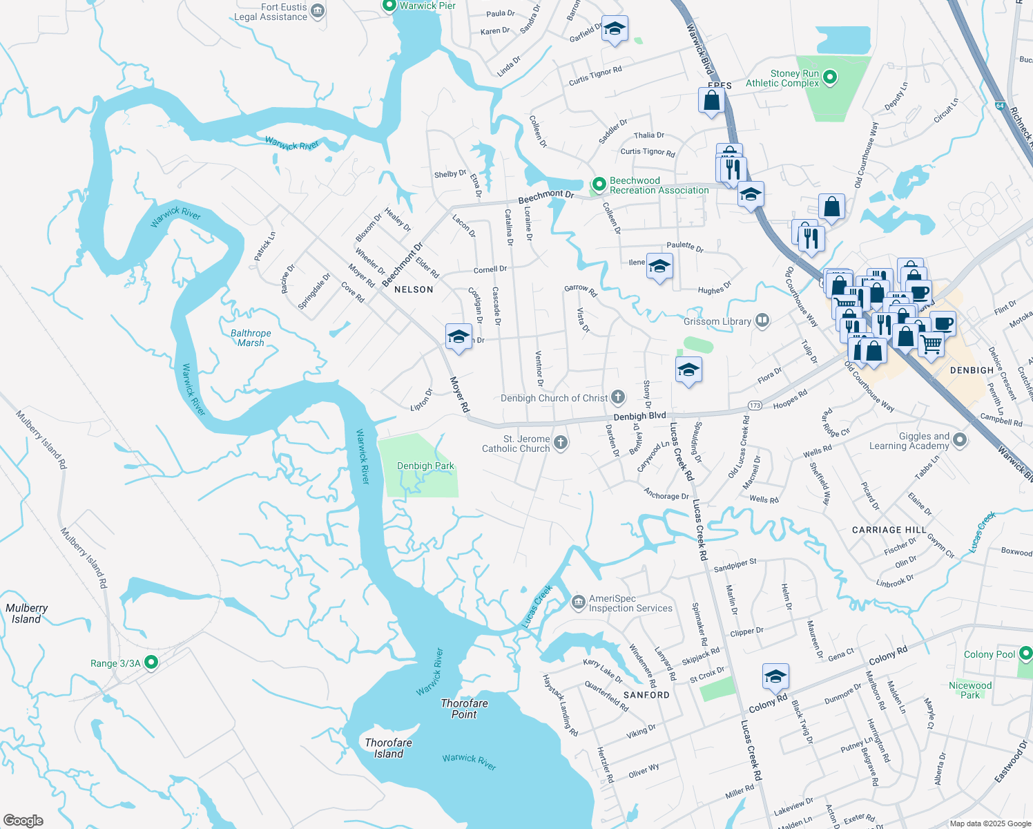 map of restaurants, bars, coffee shops, grocery stores, and more near 85 Denbigh Boulevard in Newport News
