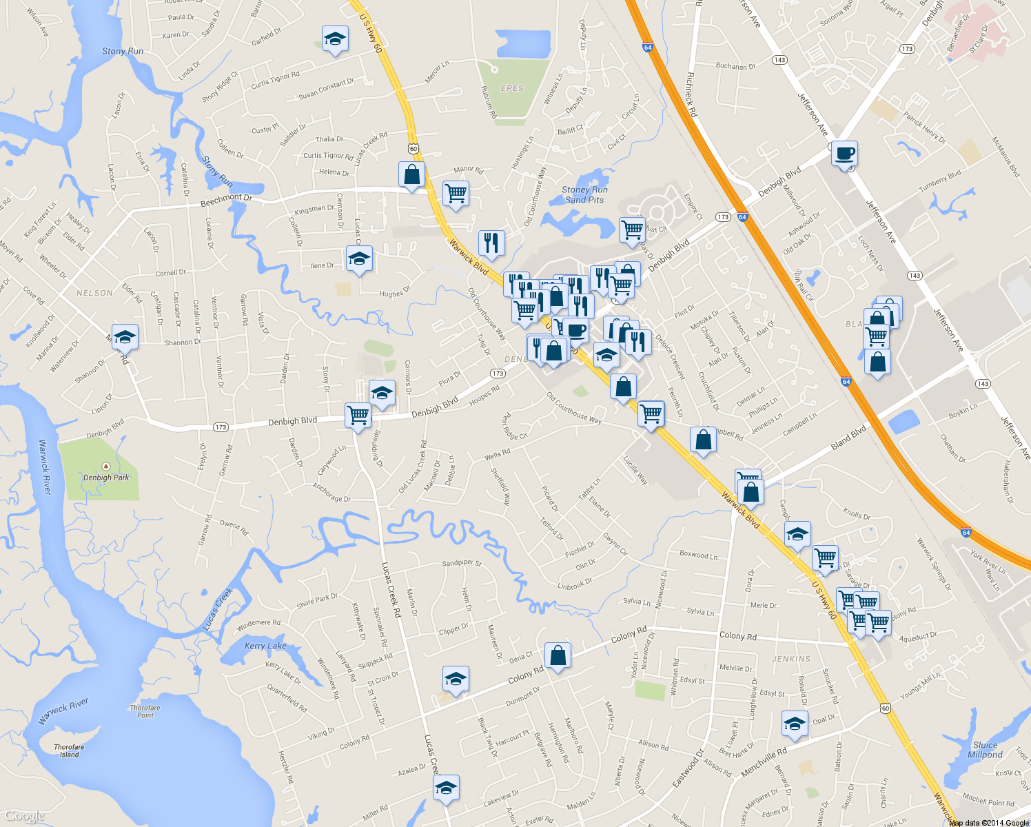 map of restaurants, bars, coffee shops, grocery stores, and more near 359 Pear Ridge Circle in Newport News