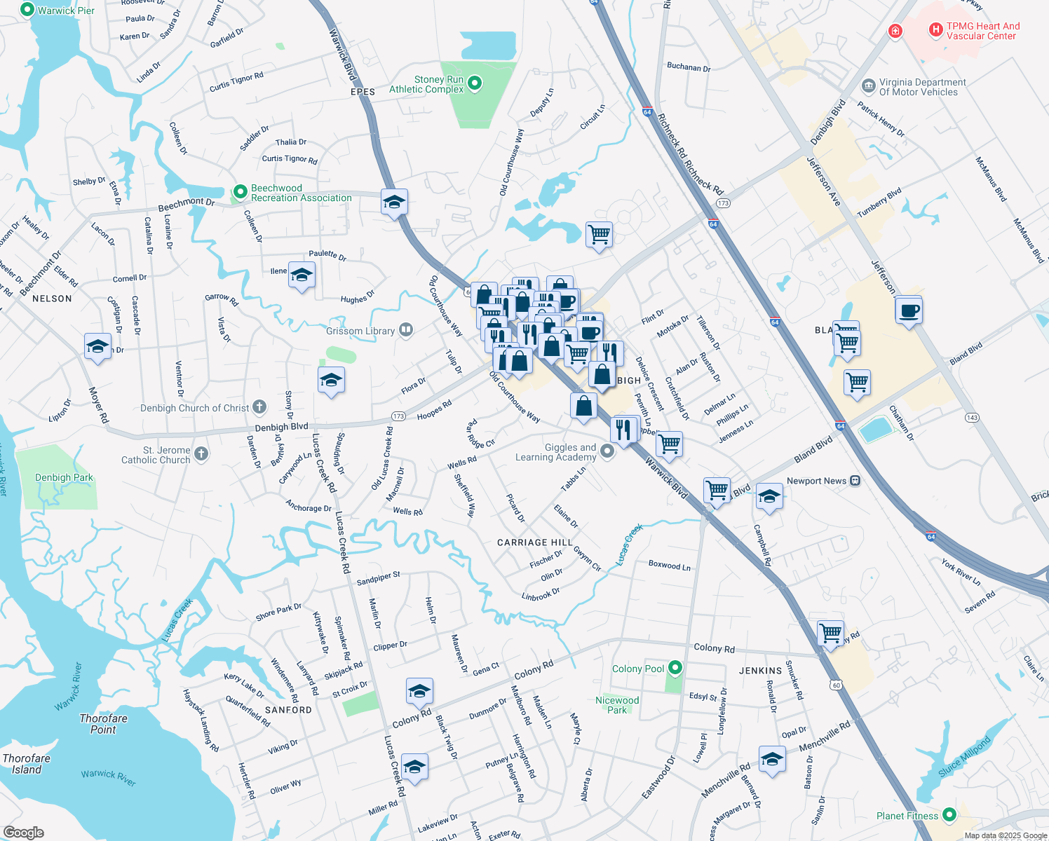 map of restaurants, bars, coffee shops, grocery stores, and more near 4312 Merlyn Walk Place in Newport News