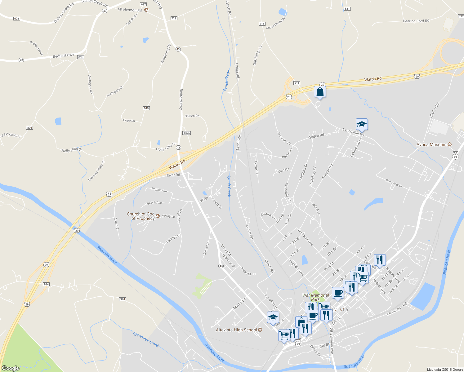map of restaurants, bars, coffee shops, grocery stores, and more near 1296 Lynch Road in Altavista