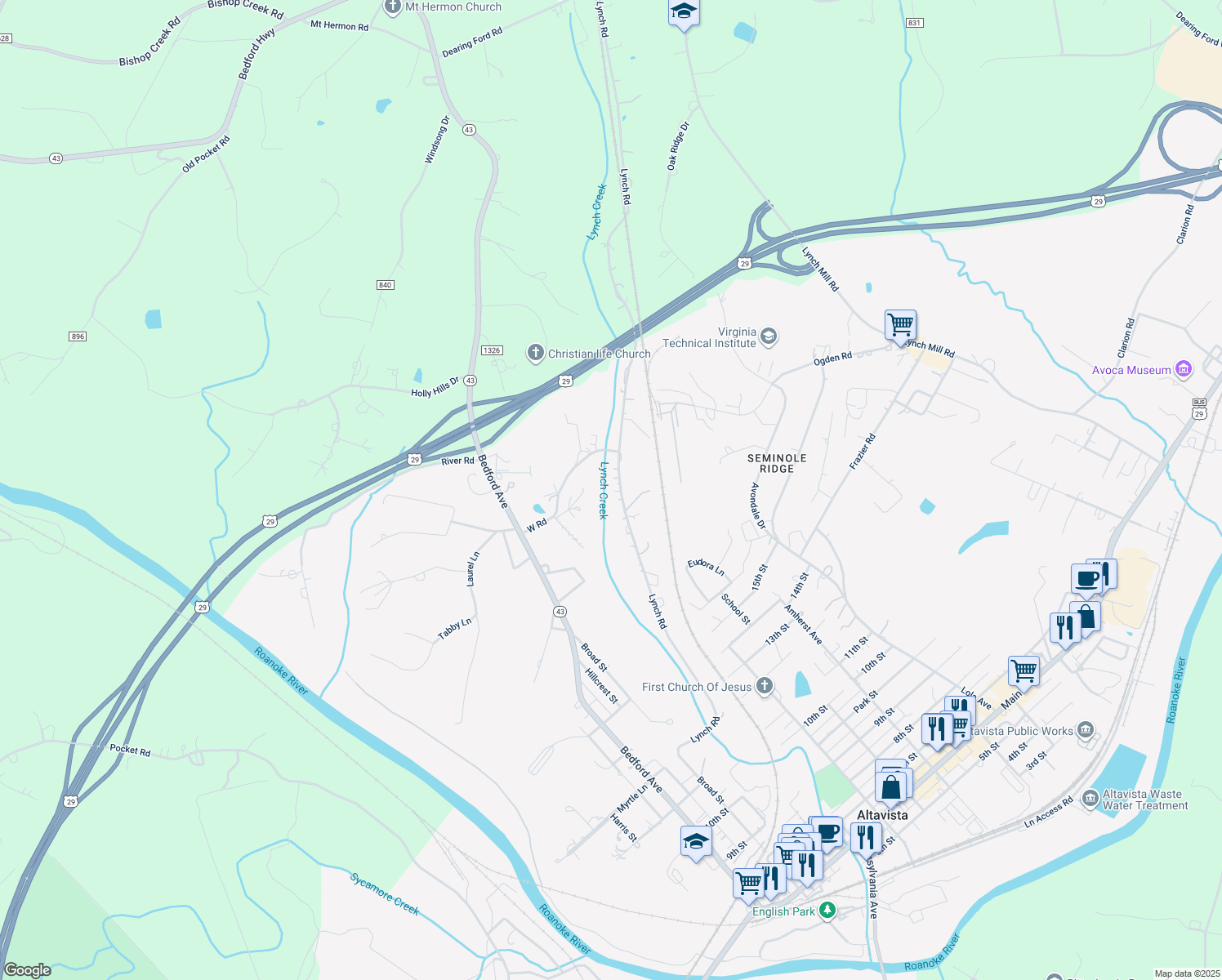map of restaurants, bars, coffee shops, grocery stores, and more near 1296 Lynch Road in Altavista