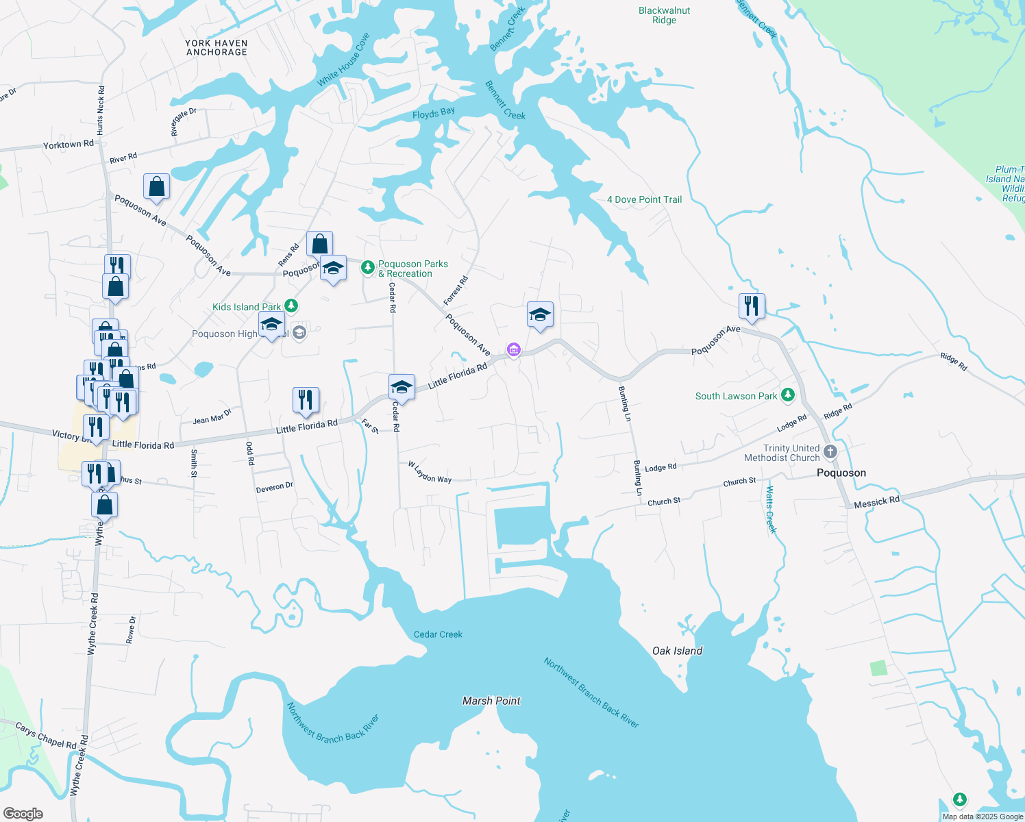 map of restaurants, bars, coffee shops, grocery stores, and more near 23 Laydon Way in Poquoson