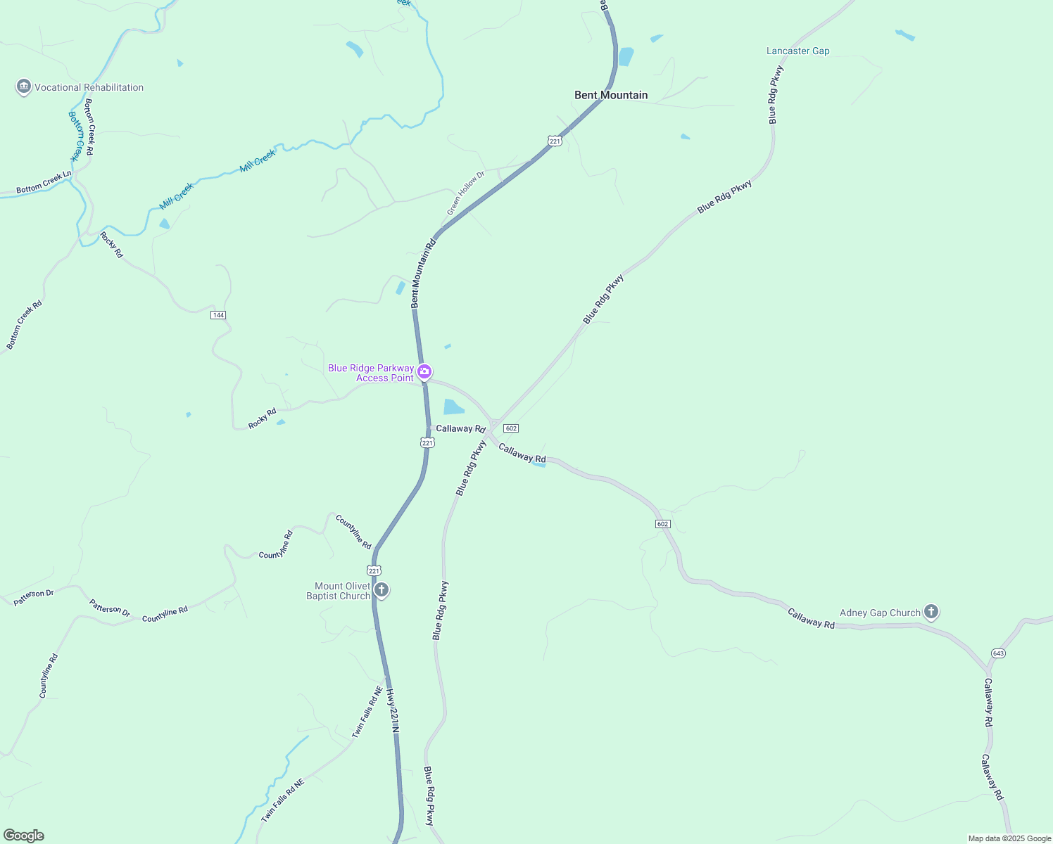 map of restaurants, bars, coffee shops, grocery stores, and more near Blue Ridge Parkway in Bent Mountain