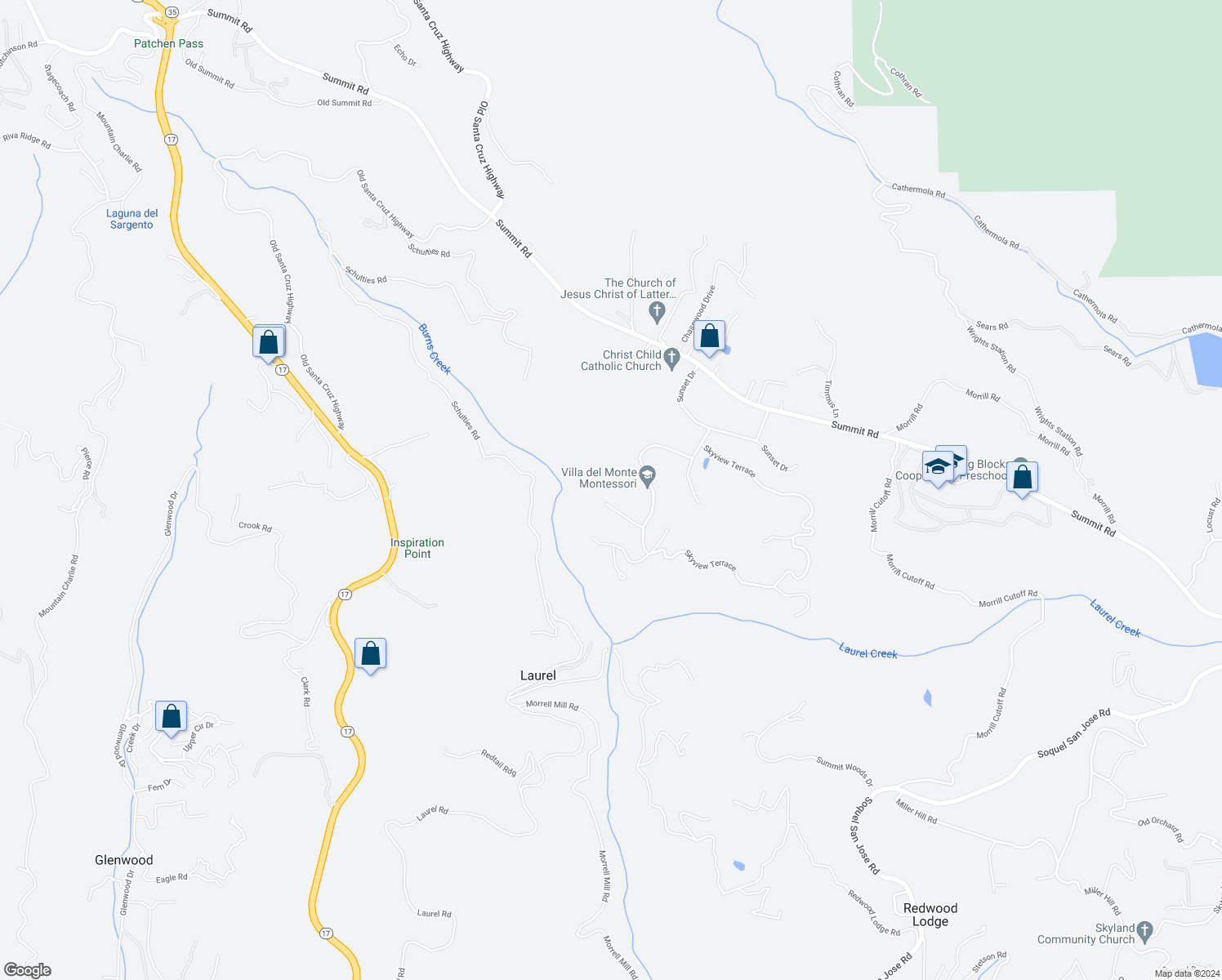 map of restaurants, bars, coffee shops, grocery stores, and more near 23341 Deerfield Road in Los Gatos
