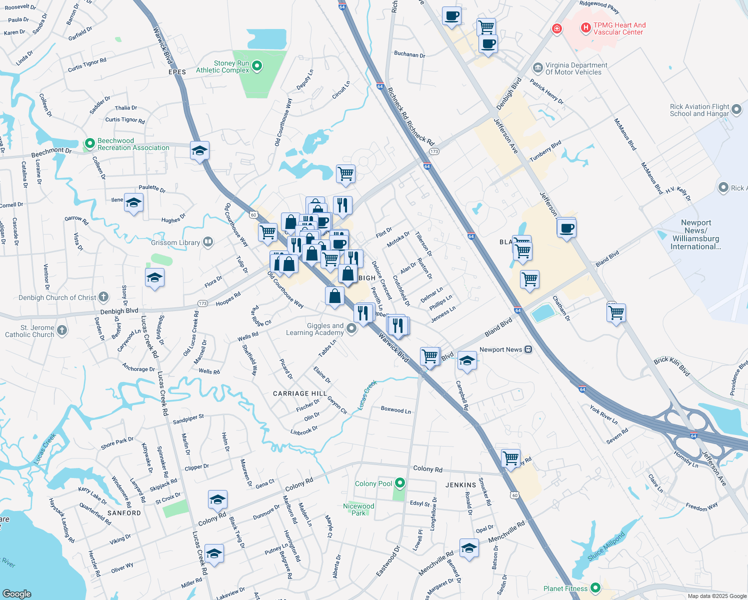 map of restaurants, bars, coffee shops, grocery stores, and more near 14211 Penrith Lane in Newport News