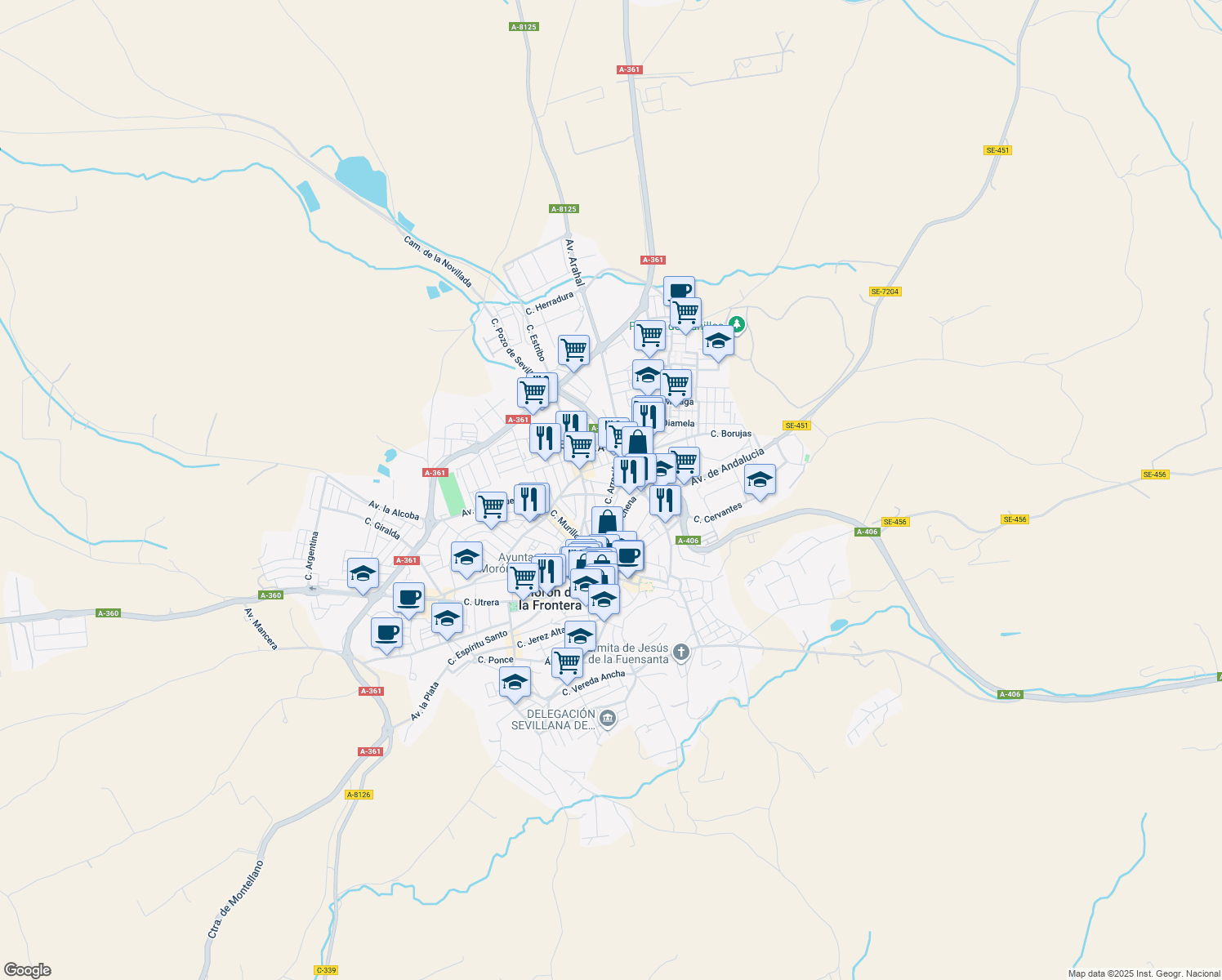 map of restaurants, bars, coffee shops, grocery stores, and more near 18 Calle Alegría in Morón de la Frontera