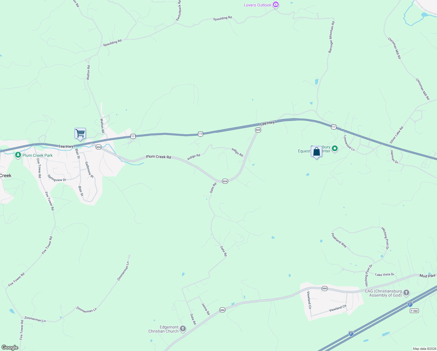 map of restaurants, bars, coffee shops, grocery stores, and more near 2712 Plum Creek Road in Christiansburg