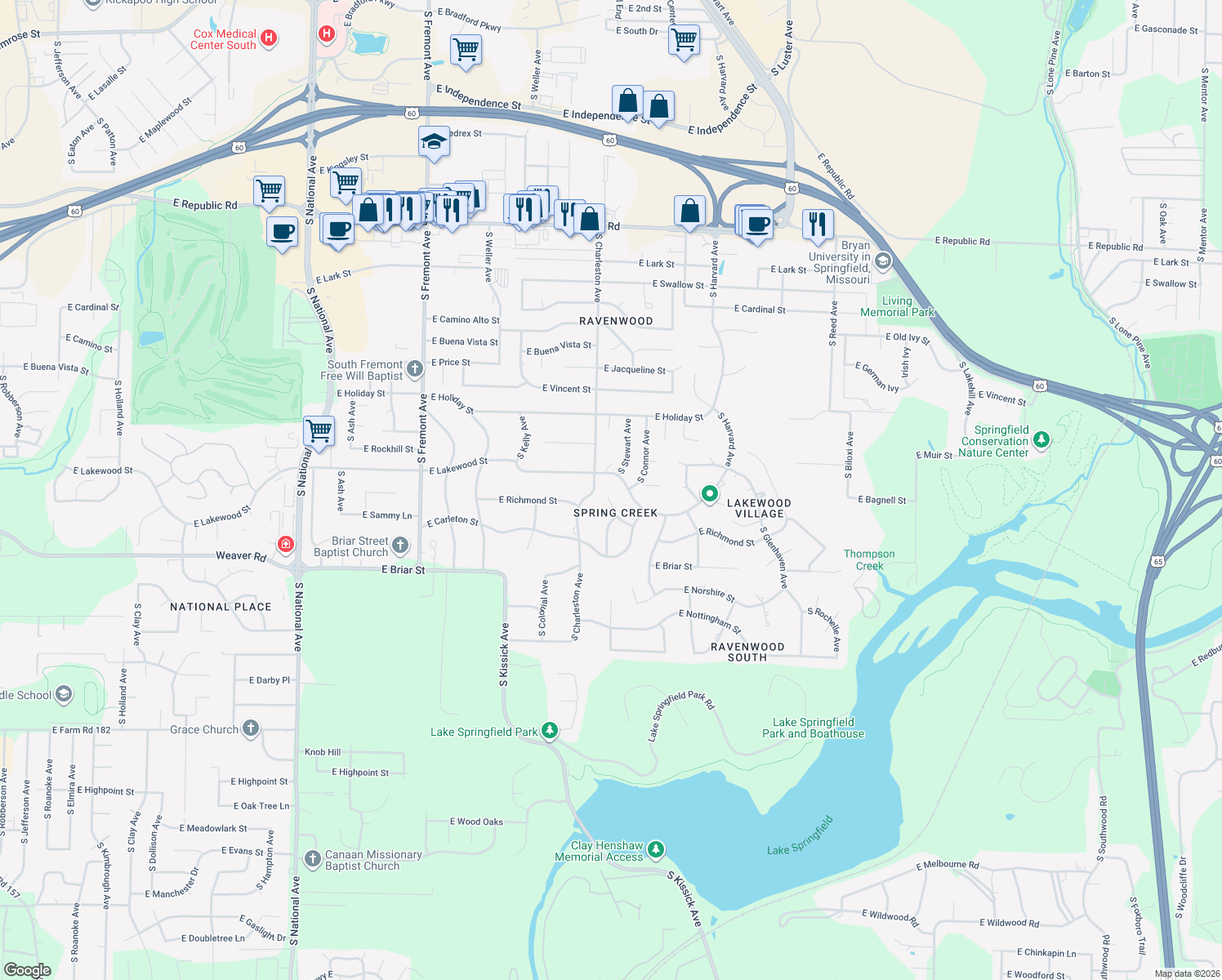 map of restaurants, bars, coffee shops, grocery stores, and more near 1821 East Richmond Place in Springfield
