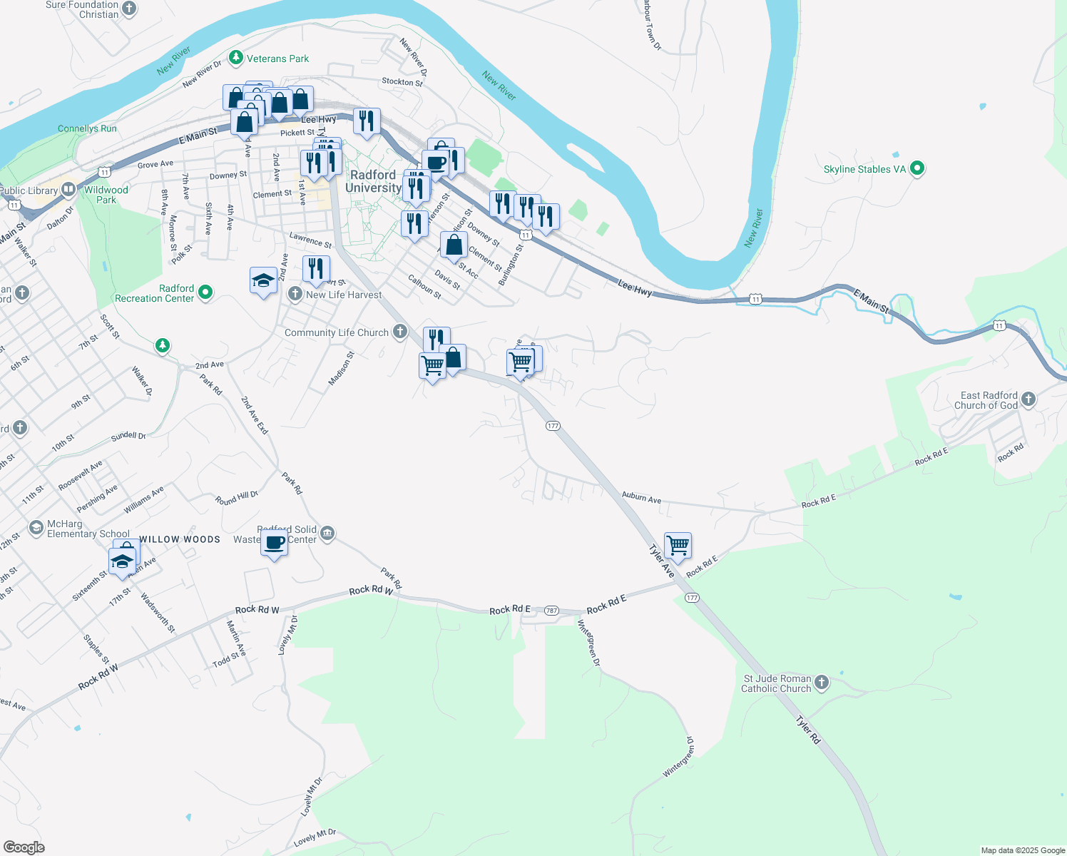 map of restaurants, bars, coffee shops, grocery stores, and more near 725 Auburn Avenue in Radford