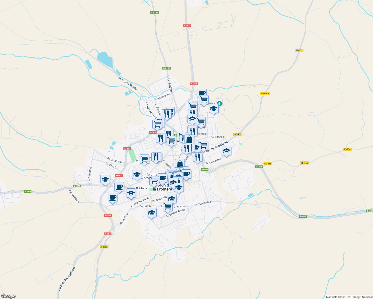 map of restaurants, bars, coffee shops, grocery stores, and more near 2 Avenida Pruna in Morón de la Frontera