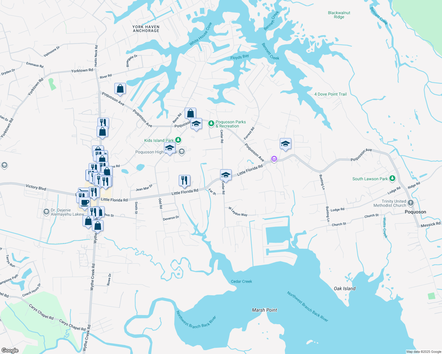 map of restaurants, bars, coffee shops, grocery stores, and more near 76 Cedar Road in Poquoson