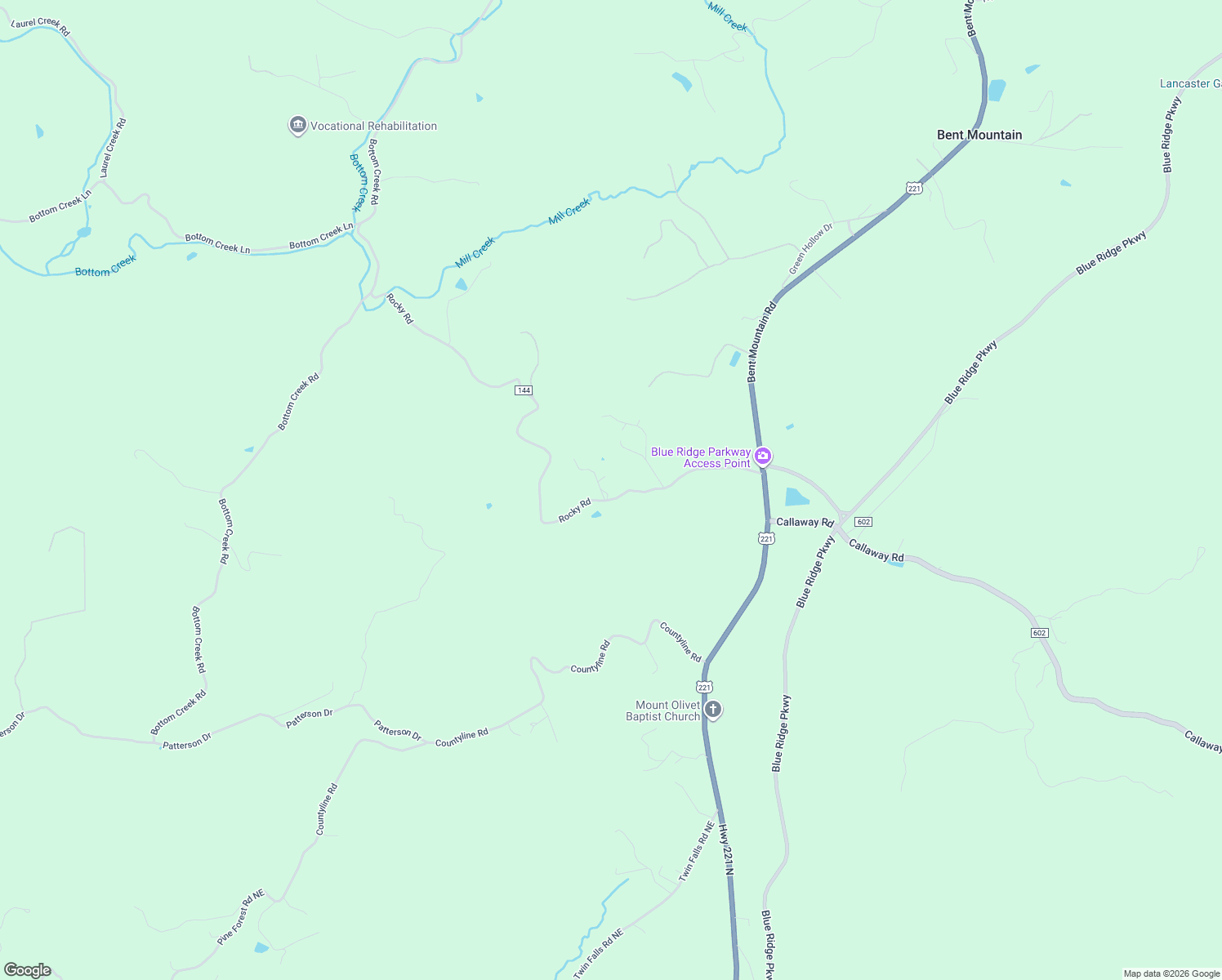 map of restaurants, bars, coffee shops, grocery stores, and more near 11115 Rocky Road in Bent Mountain