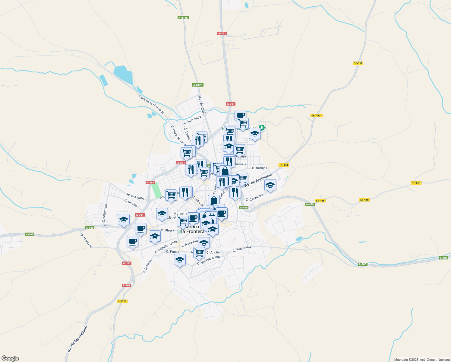 map of restaurants, bars, coffee shops, grocery stores, and more near 2 Avenida Pruna in Morón de la Frontera