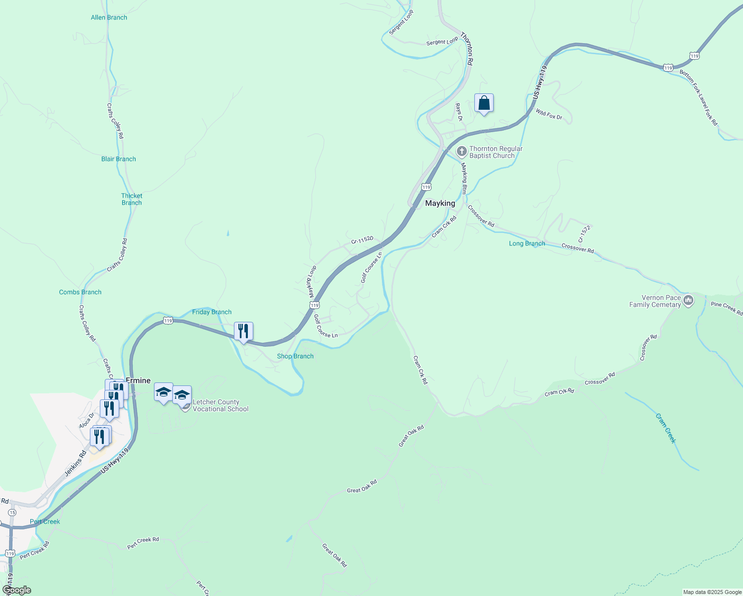 map of restaurants, bars, coffee shops, grocery stores, and more near 738 Golf Course Lane in Whitesburg