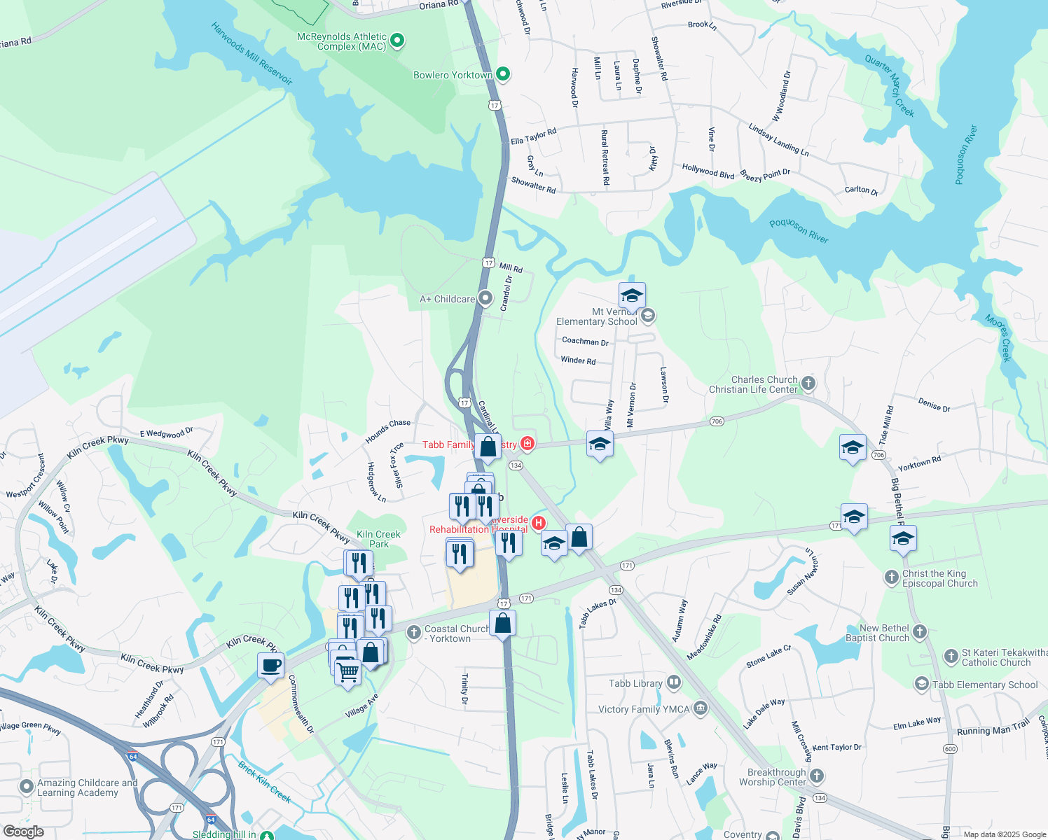 map of restaurants, bars, coffee shops, grocery stores, and more near 104 Brook Run in Yorktown