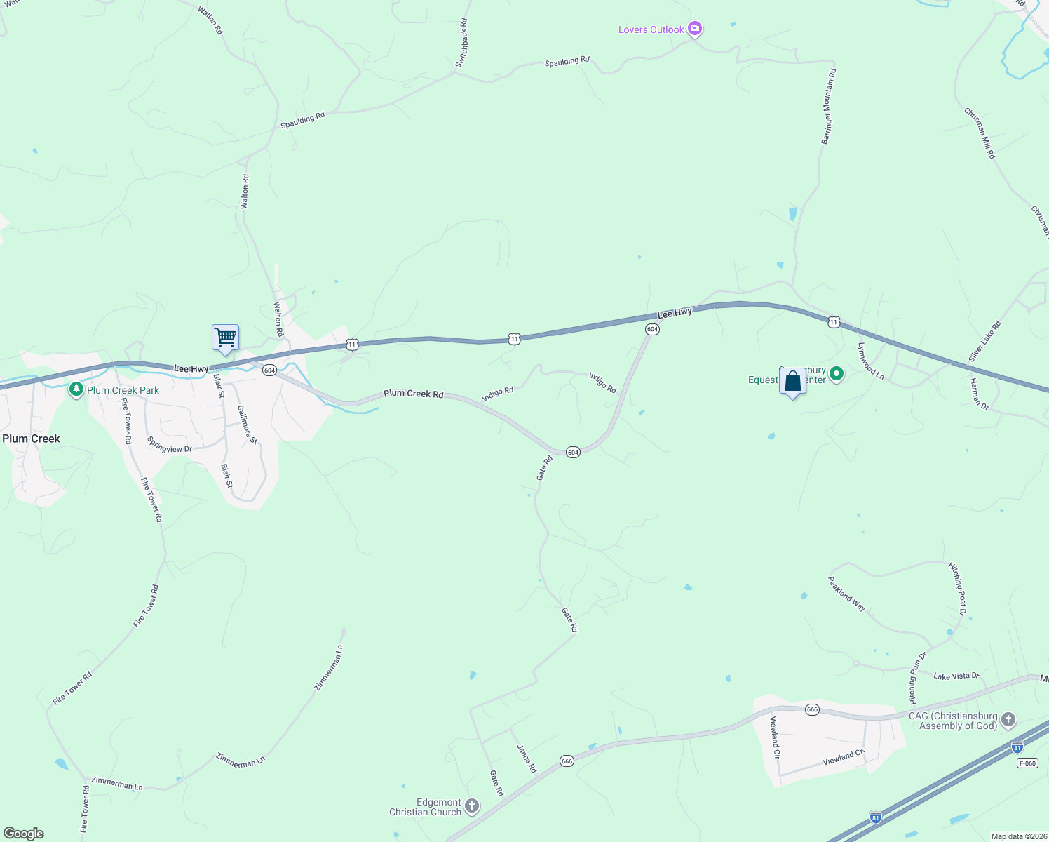 map of restaurants, bars, coffee shops, grocery stores, and more near 2712-2792 Plum Creek Road in Christiansburg