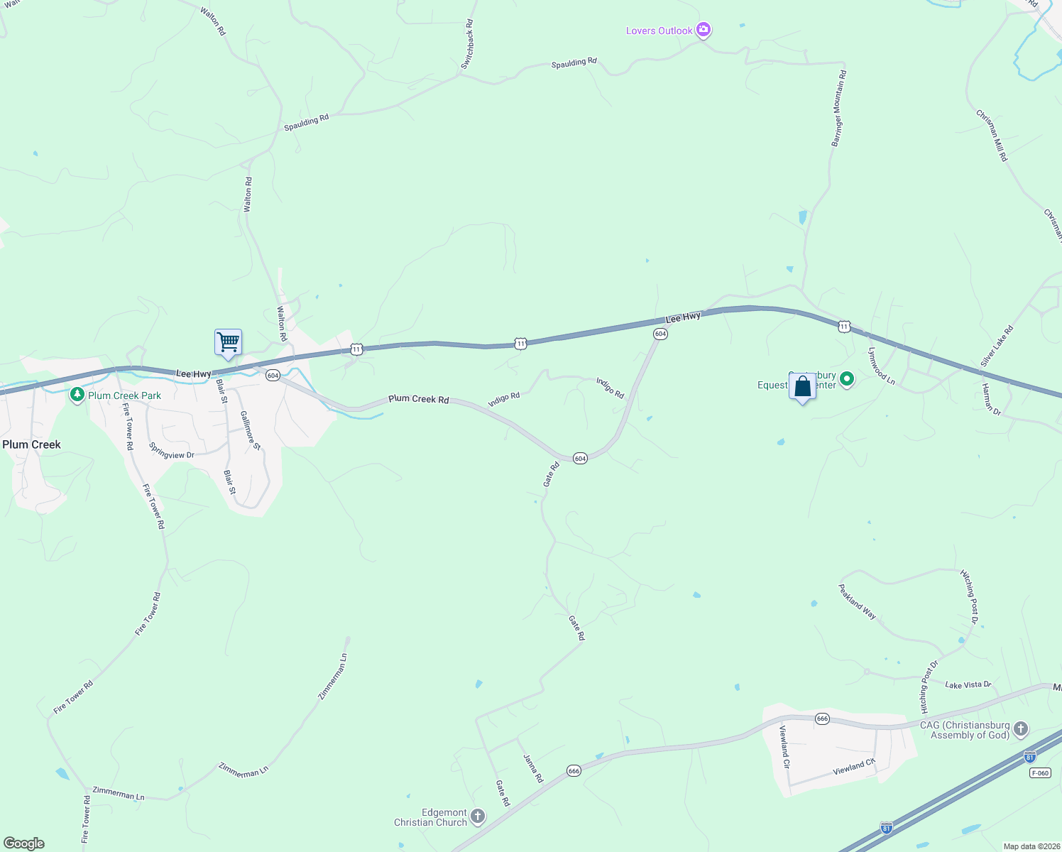 map of restaurants, bars, coffee shops, grocery stores, and more near 2712-2792 Plum Creek Road in Christiansburg