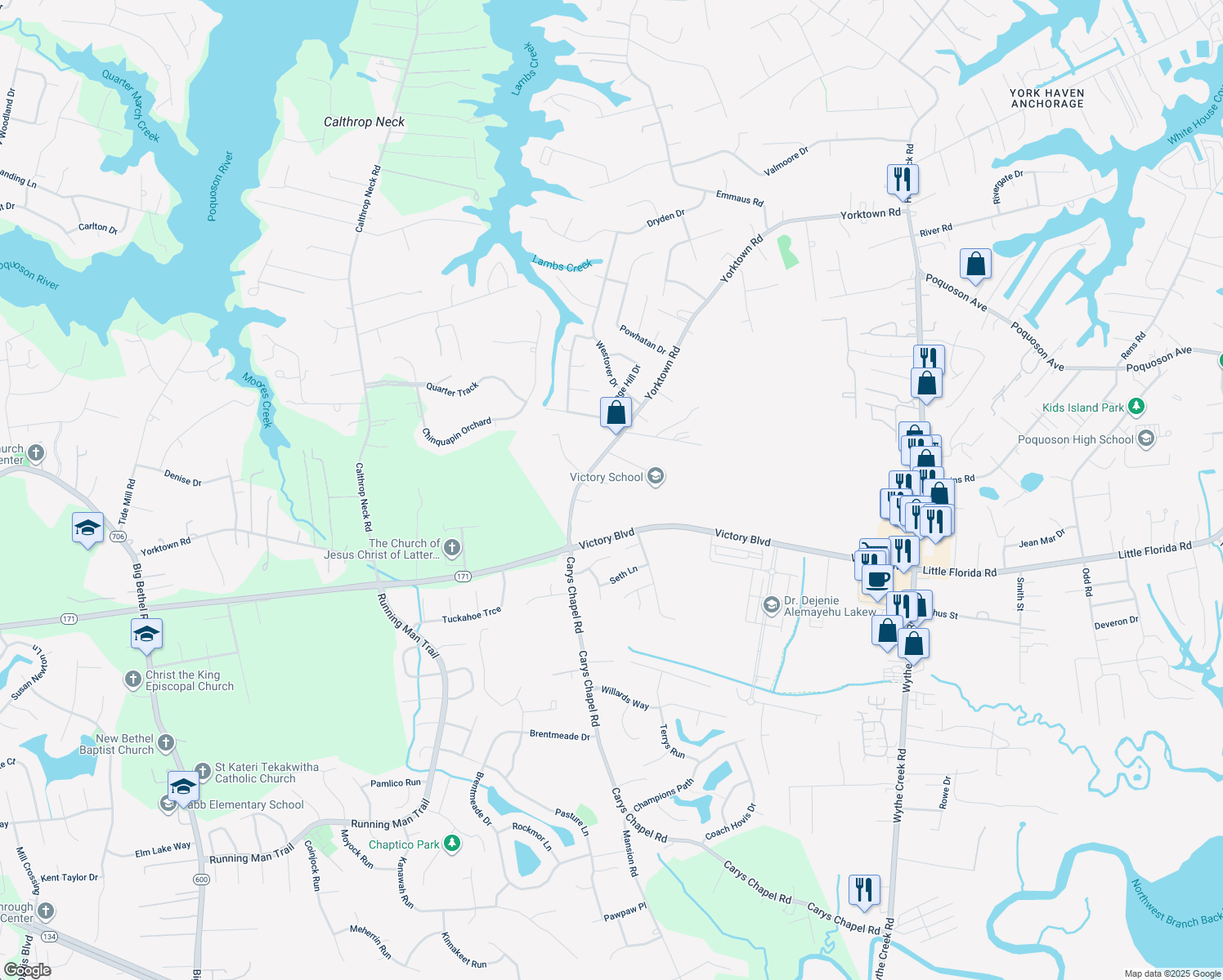 map of restaurants, bars, coffee shops, grocery stores, and more near 310 East Yorktown Road in Yorktown