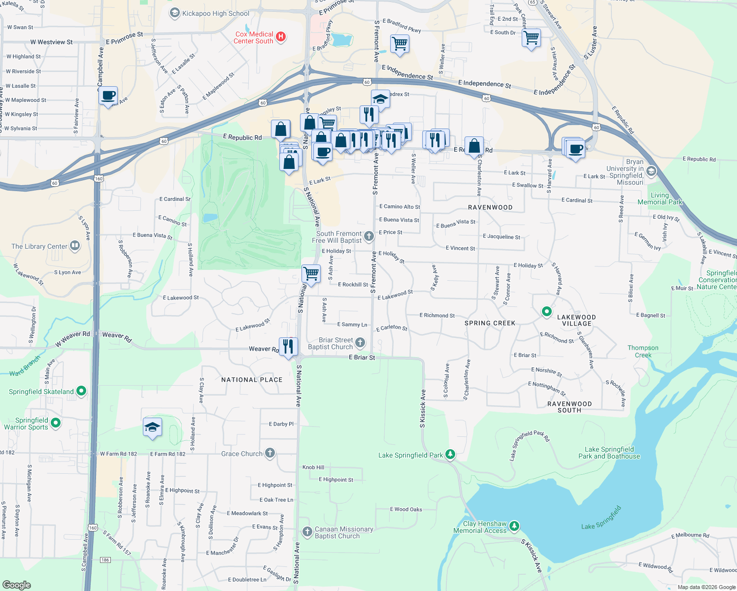 map of restaurants, bars, coffee shops, grocery stores, and more near 4739 South Fremont Avenue in Springfield