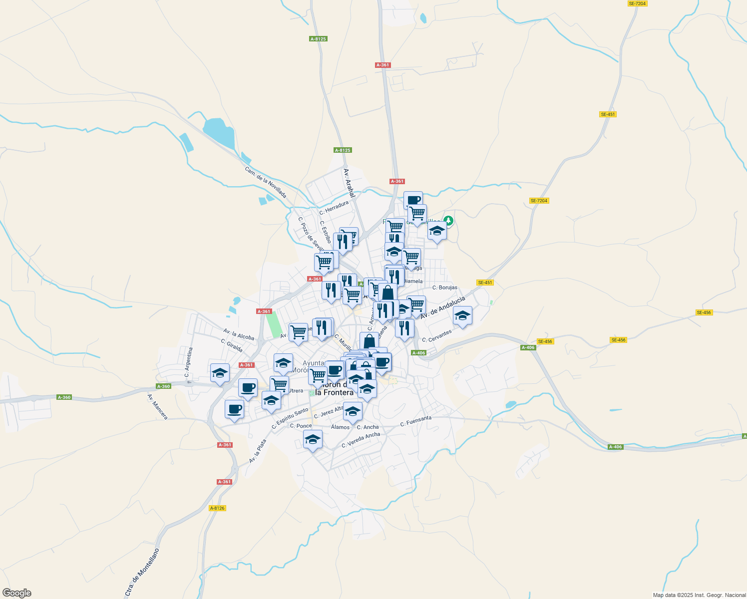 map of restaurants, bars, coffee shops, grocery stores, and more near 18 Avenida Pruna in Morón de la Frontera
