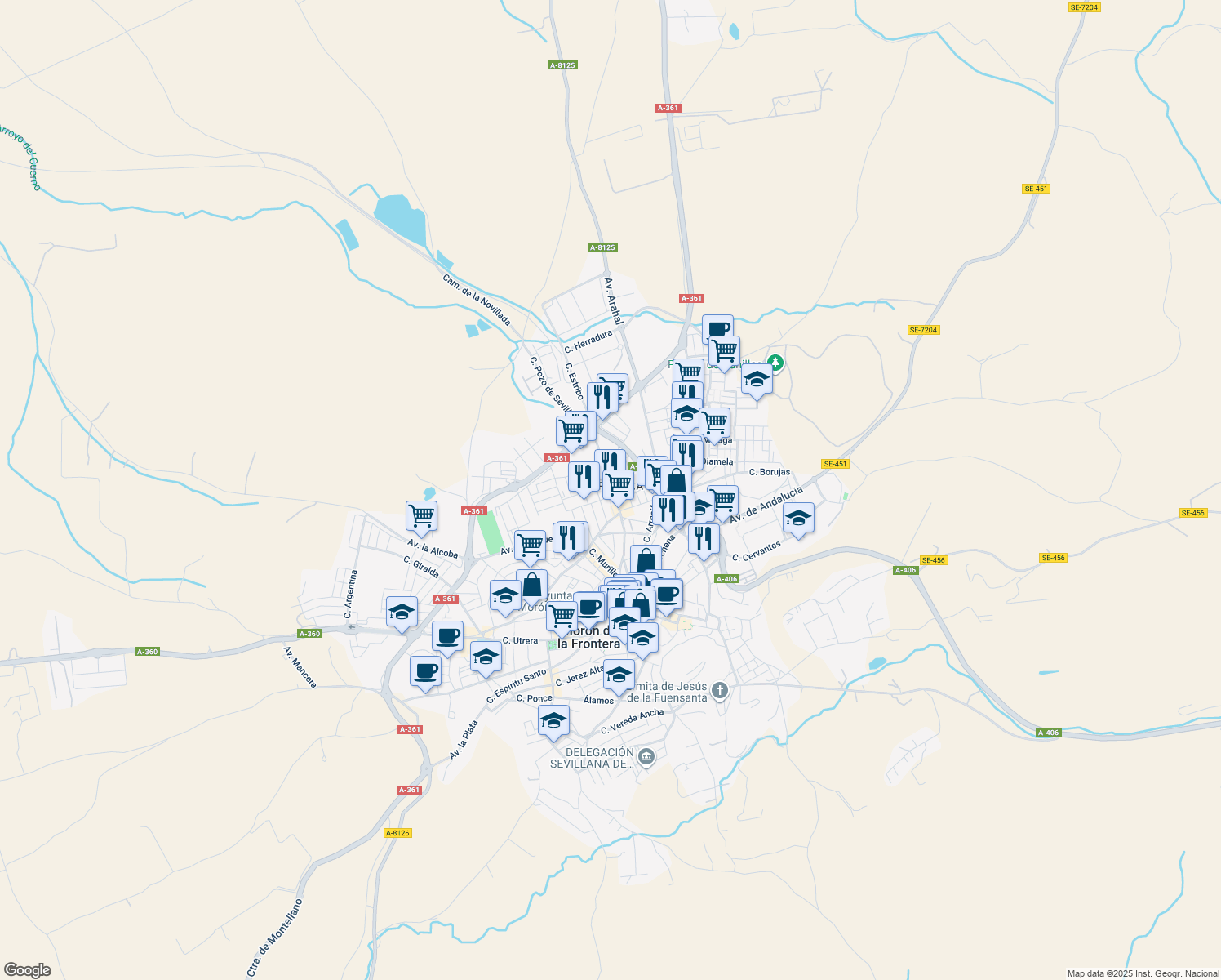 map of restaurants, bars, coffee shops, grocery stores, and more near 30 Calle Hernández Pastorino in Morón de la Frontera