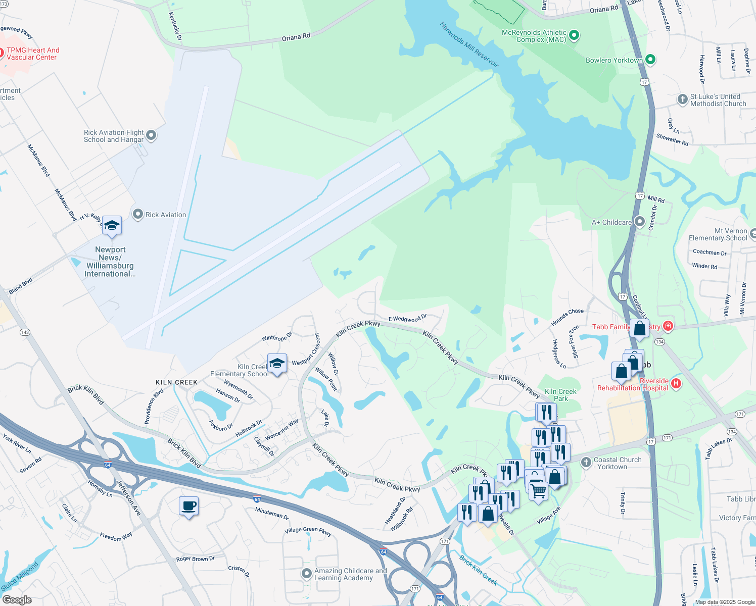 map of restaurants, bars, coffee shops, grocery stores, and more near 206 Lexington Court in Yorktown