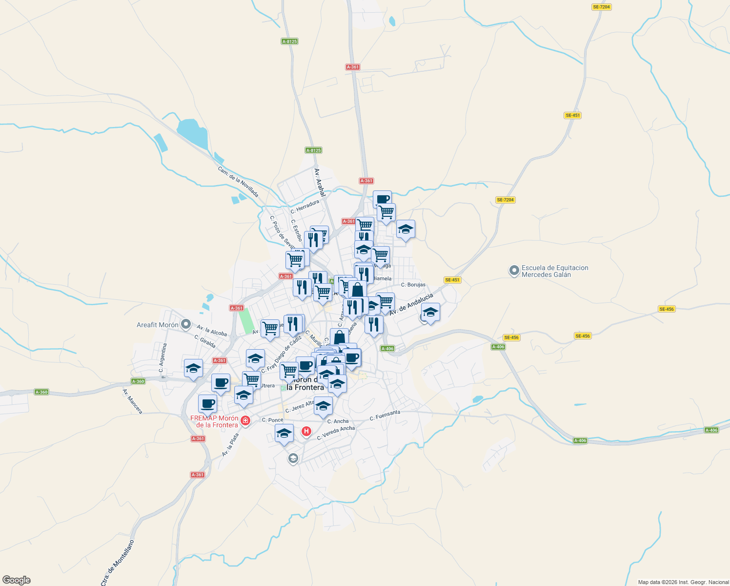 map of restaurants, bars, coffee shops, grocery stores, and more near 8 Calle Legazpi in Morón de la Frontera