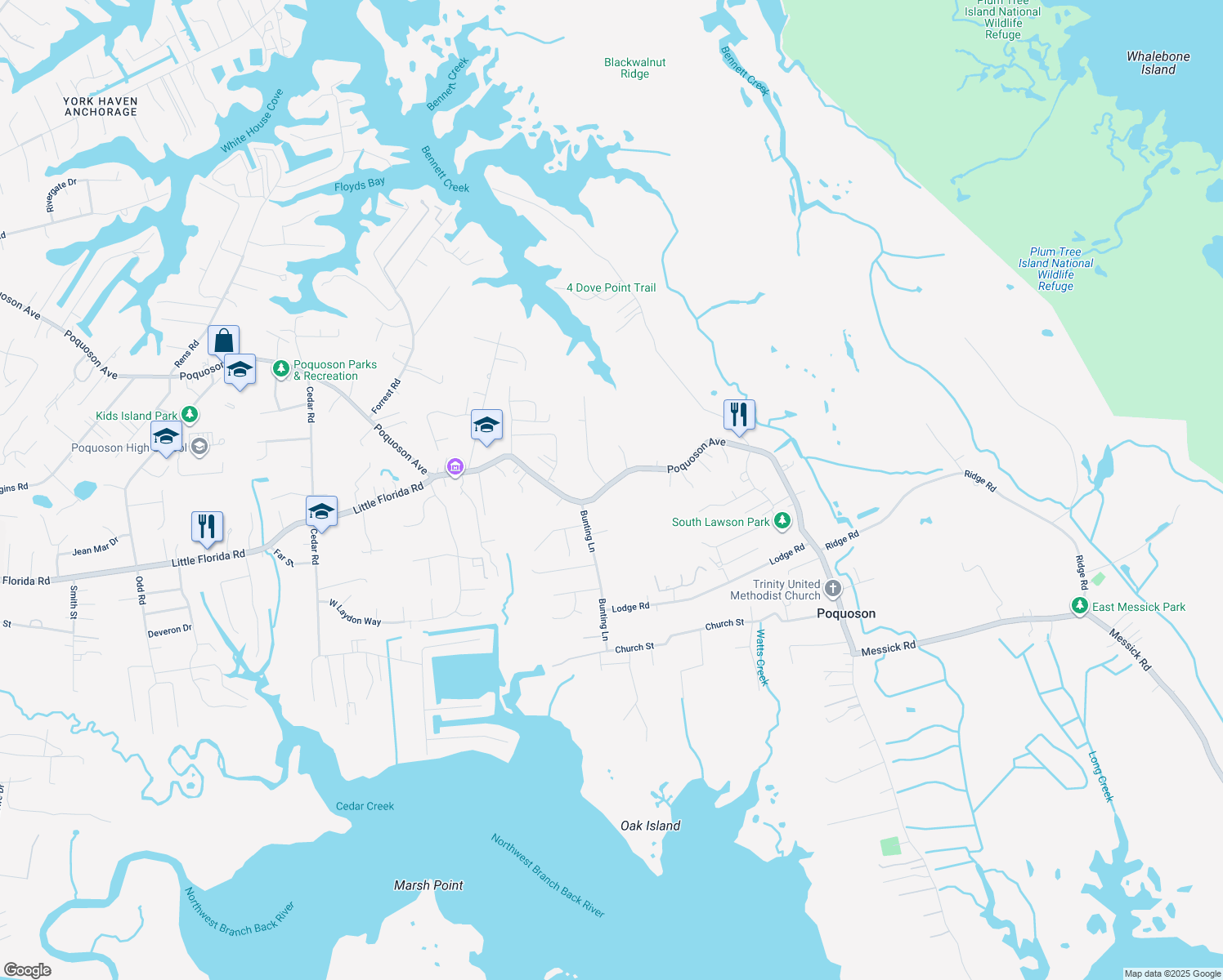 map of restaurants, bars, coffee shops, grocery stores, and more near 1068 Poquoson Avenue in Poquoson