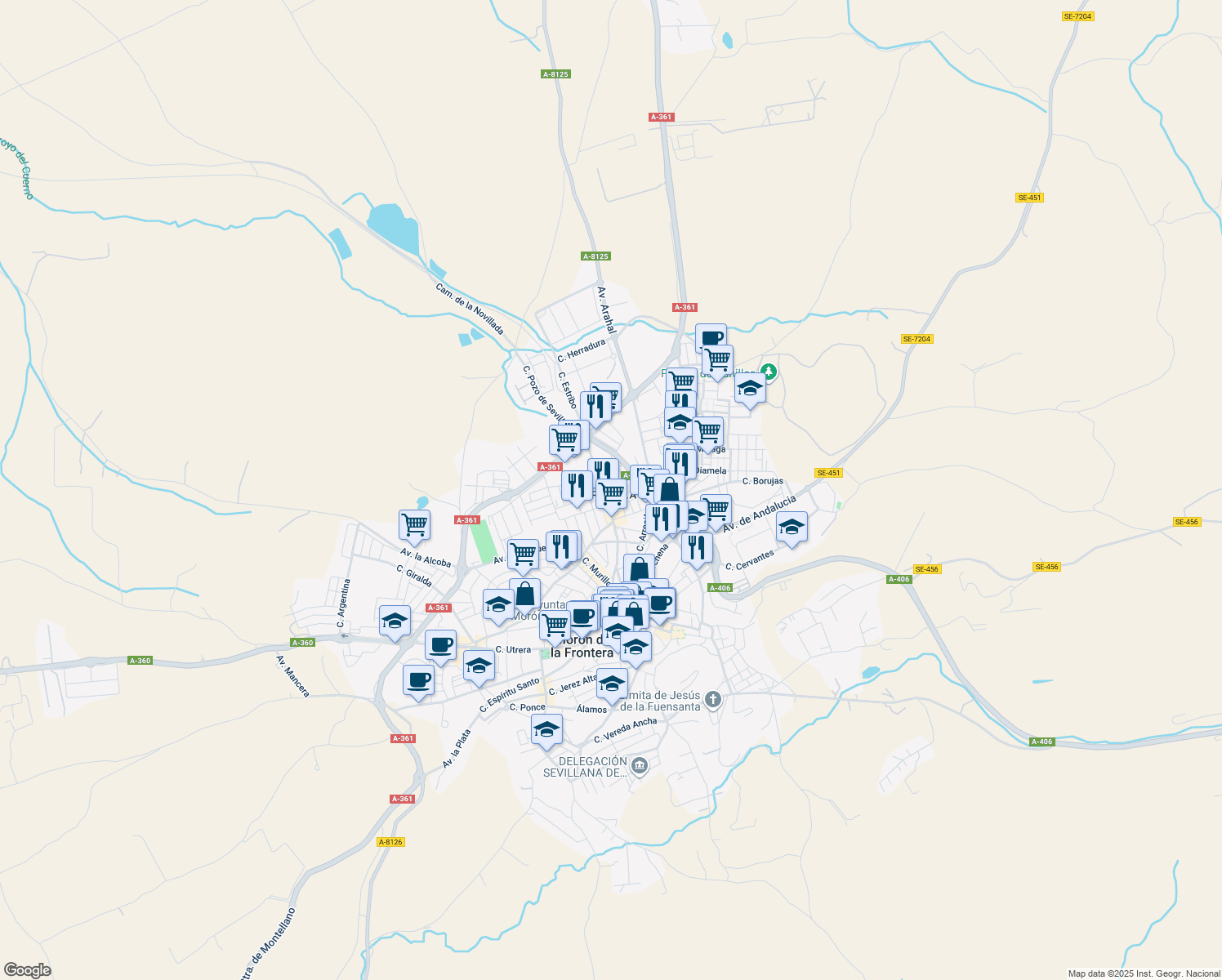 map of restaurants, bars, coffee shops, grocery stores, and more near 30 Calle Hernández Pastorino in Morón de la Frontera