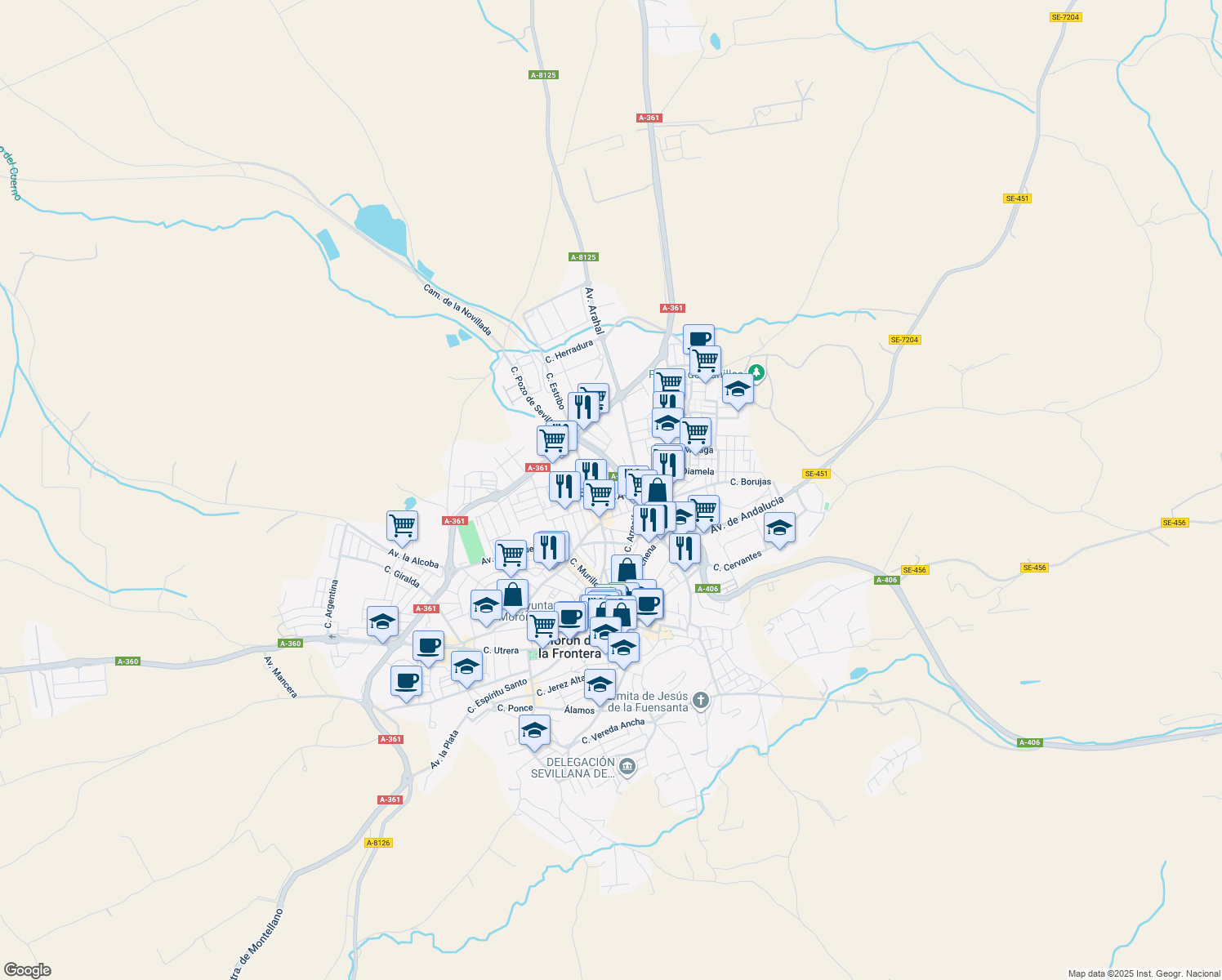 map of restaurants, bars, coffee shops, grocery stores, and more near 30 Calle Hernández Pastorino in Morón de la Frontera