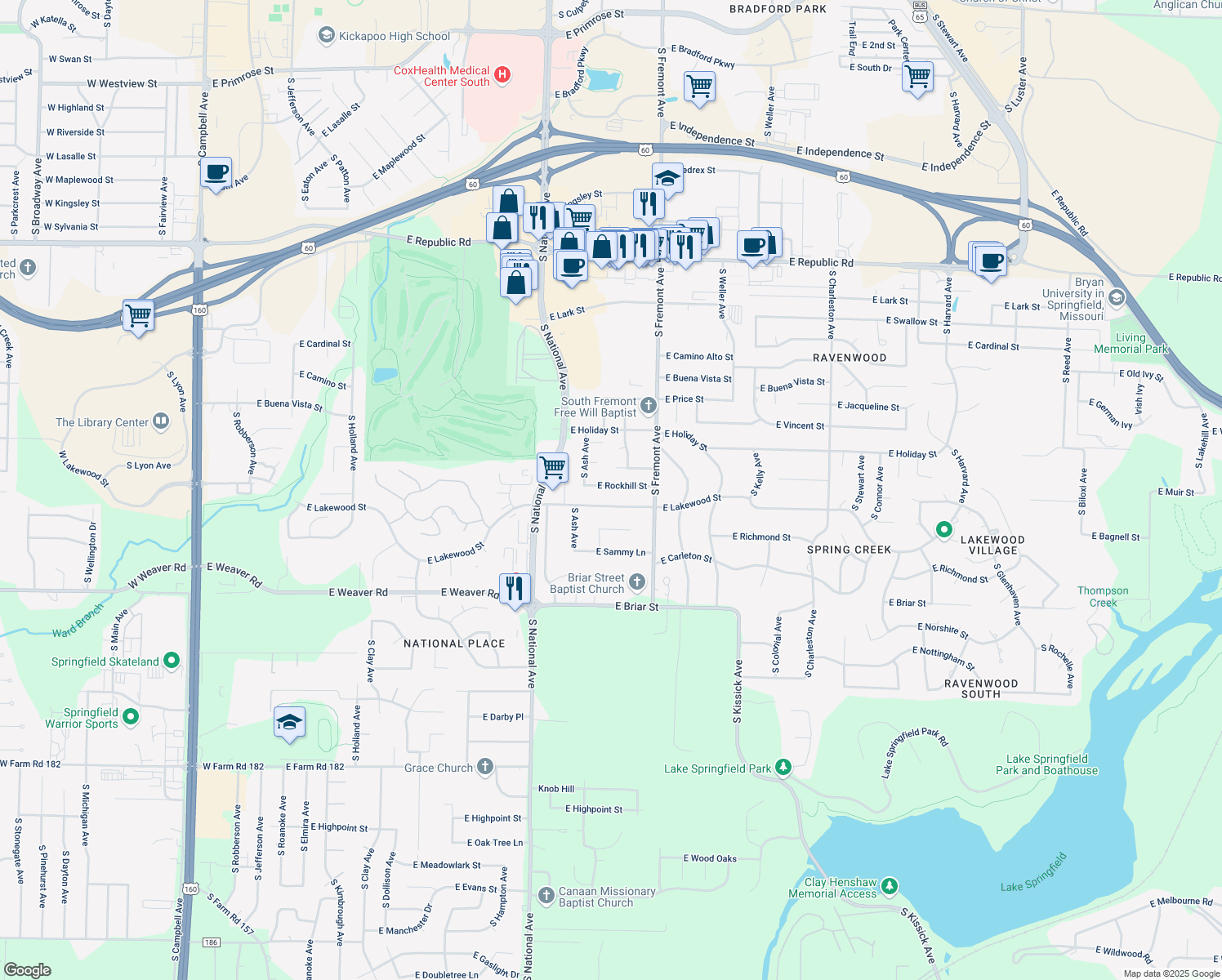 map of restaurants, bars, coffee shops, grocery stores, and more near 1306 E Rockhill St in Springfield