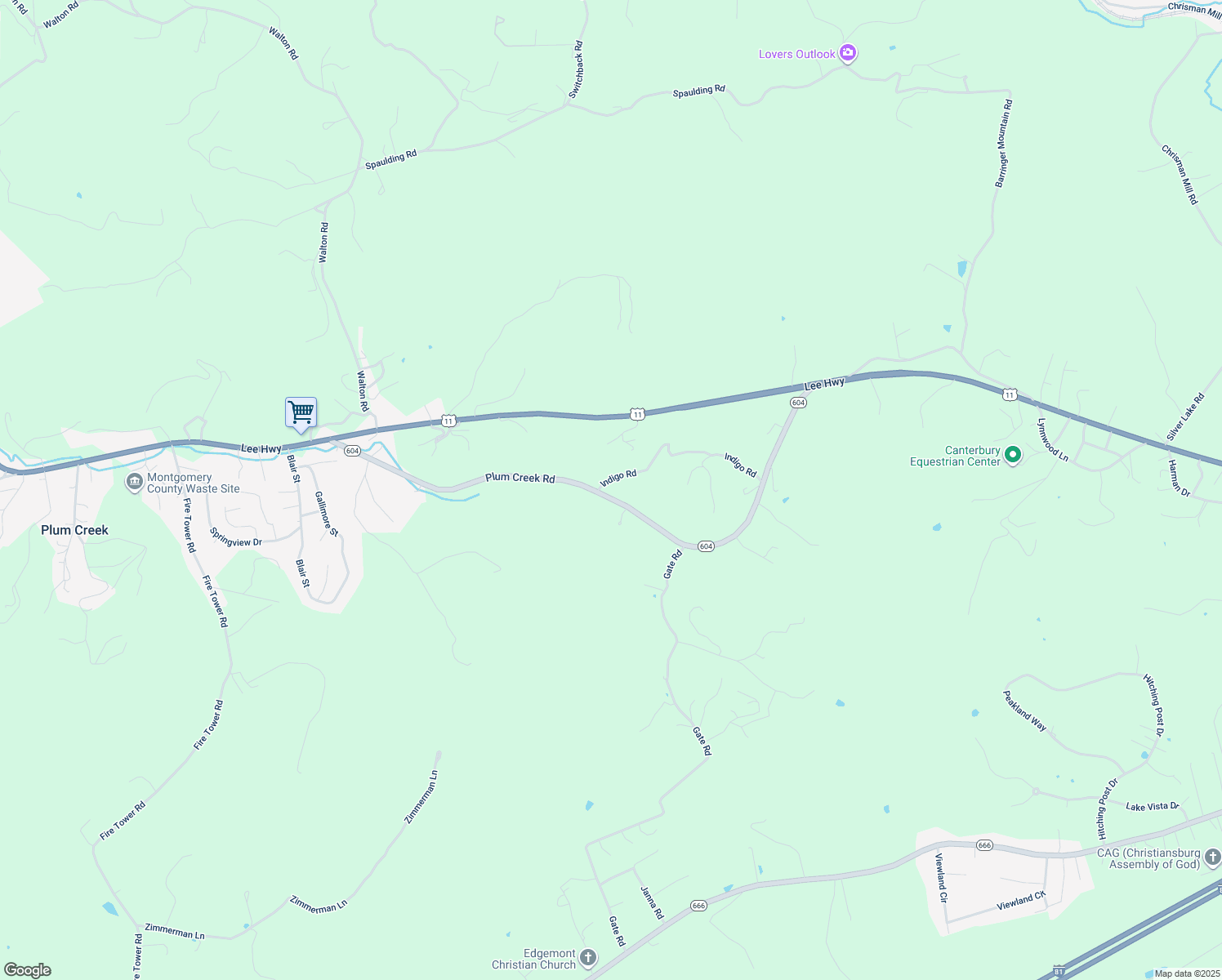 map of restaurants, bars, coffee shops, grocery stores, and more near 2771 Indigo Road in Christiansburg