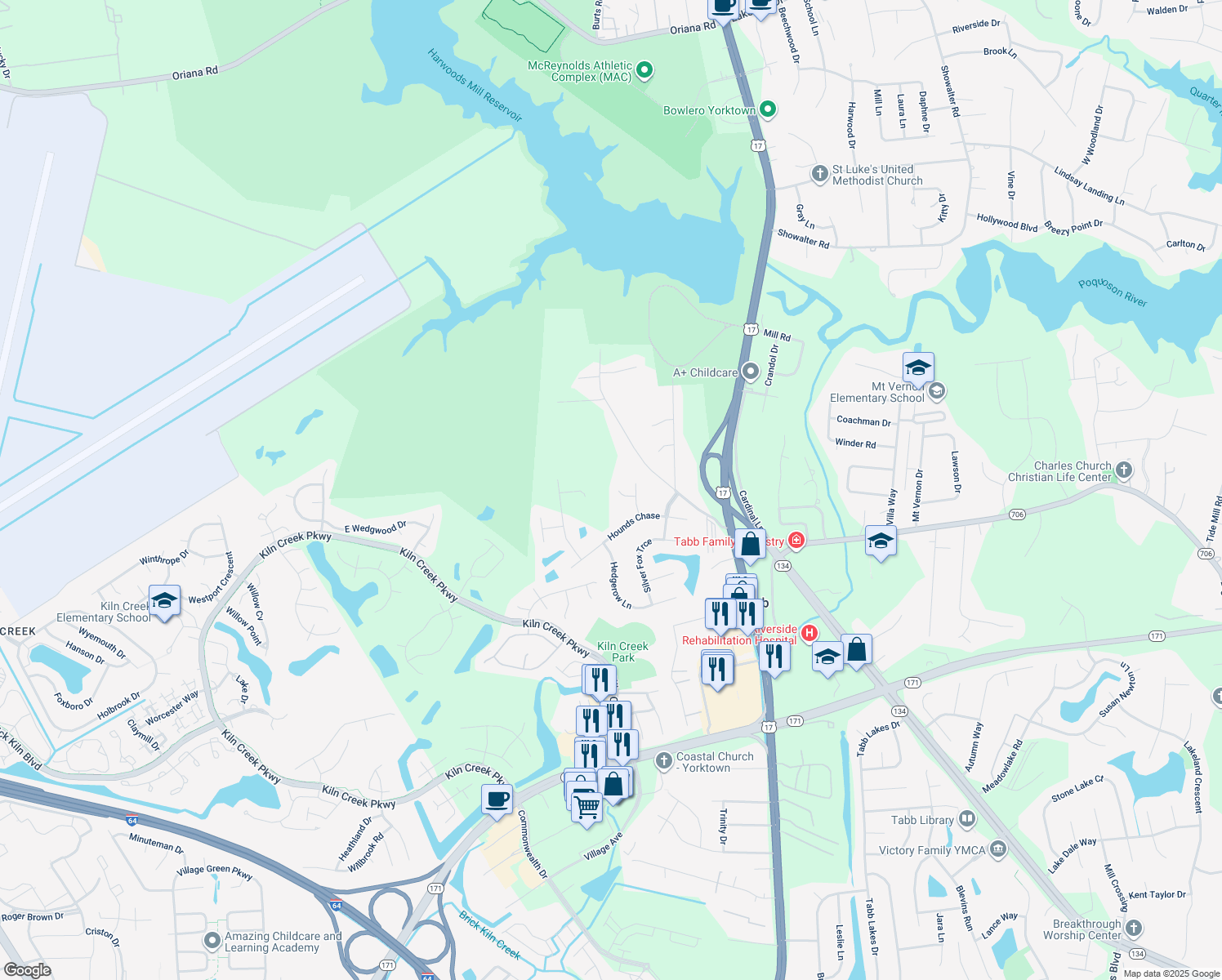 map of restaurants, bars, coffee shops, grocery stores, and more near 109 Viw Hallo Way in Yorktown