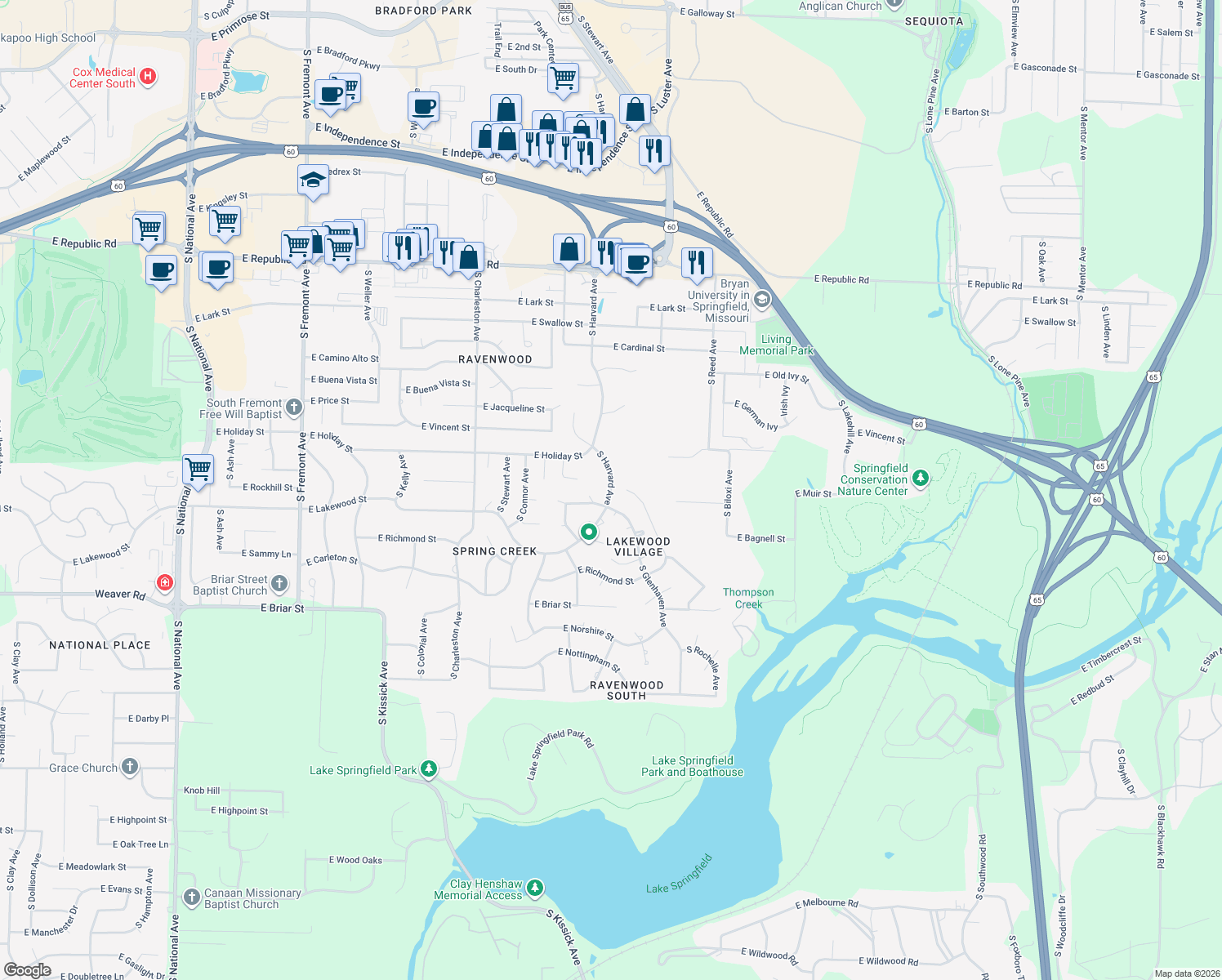 map of restaurants, bars, coffee shops, grocery stores, and more near 4634 S Harvard Ave in Springfield